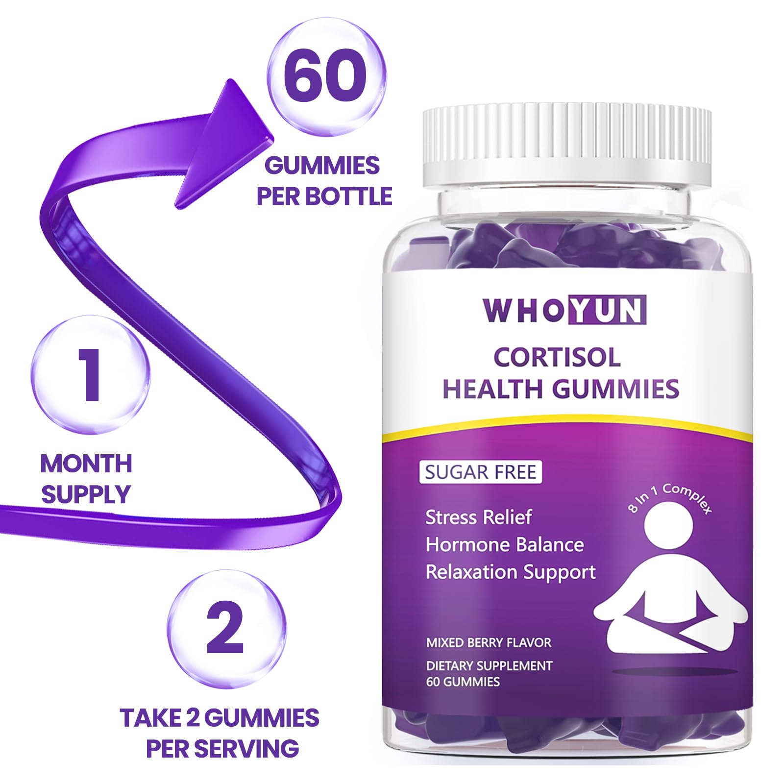 Whoyun Cortisol Supplement Gummies for Women, Lower Cortisol with Phosphatidylserine Ashwagandha Magnesium, Stress Relief, Vegan Sugar Free, 60 Count WhoyunAu supplements