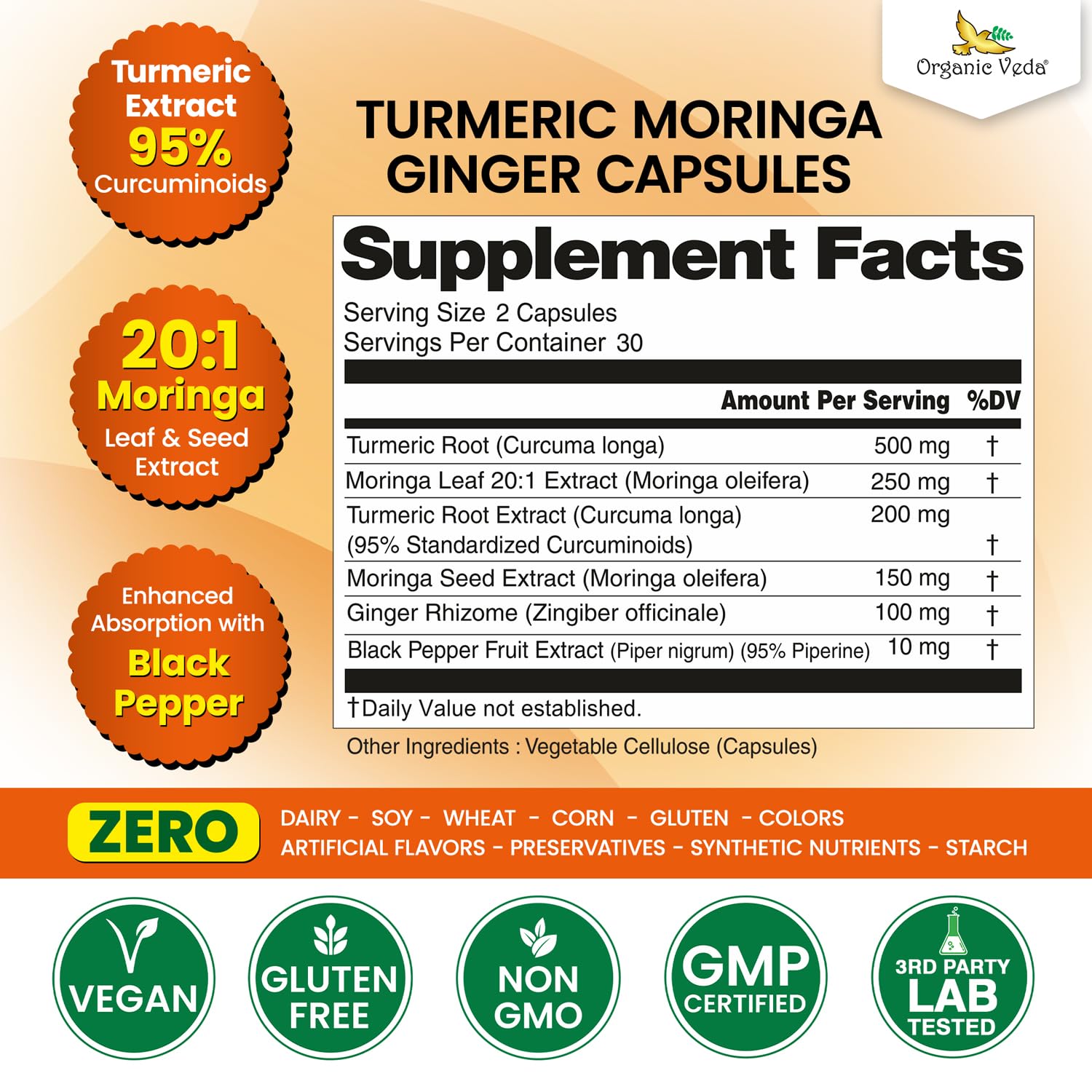 Organic Veda Turmeric Moringa Ginger Capsules - Super Antioxidants & Curcumin Supplement with 20:1 Moringa Leaf & Seed Extract, Black Pepper - Energy, Joints, Heart Health Support - 60 Vegan Pills Organic VedaAu supplements