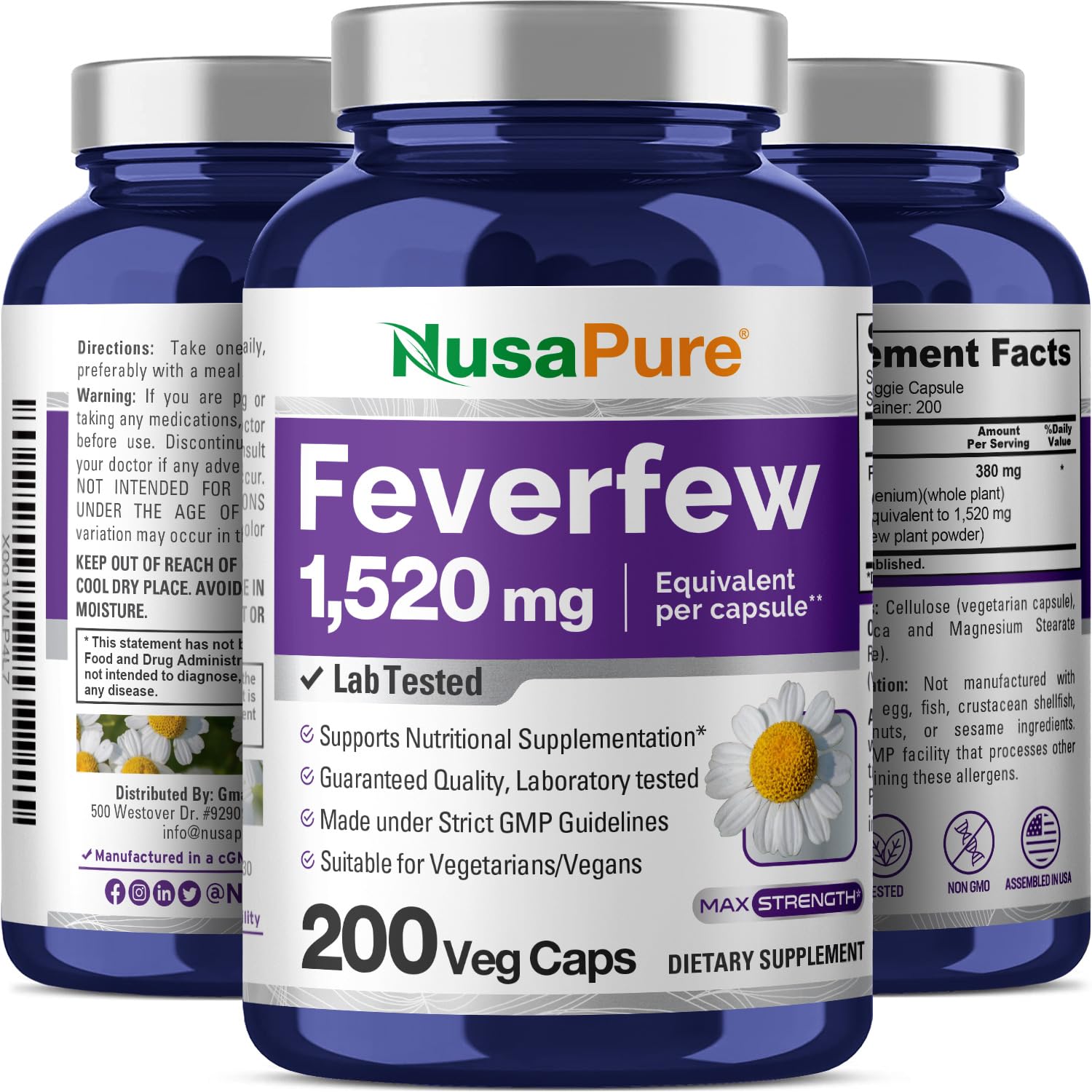 NusaPure Feverfew Extract 4:1 - Suitable for Vegetarian/Vegan, Non - GMO - 1520mg 200 Capsules NusaPureAu supplements