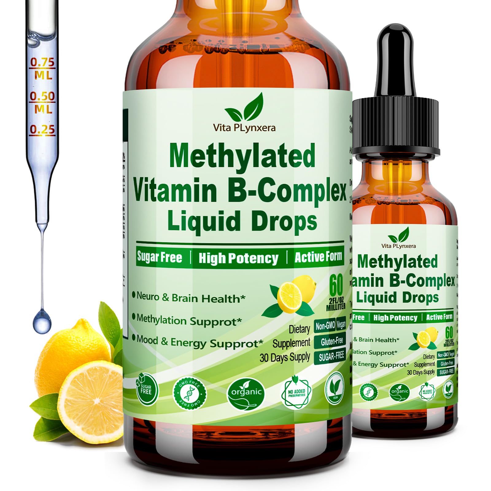 Methylated B Complex Liquid Drop Complete 9-in-1 Methyl B Vitamins w. B12 Methylfolate Inositol Choline TMG Vitamin C E, Super B-Complex Methylated for MTHFR Support, Energy Mood Nerve & Brain Health1 Vita PLynxeraAu supplements