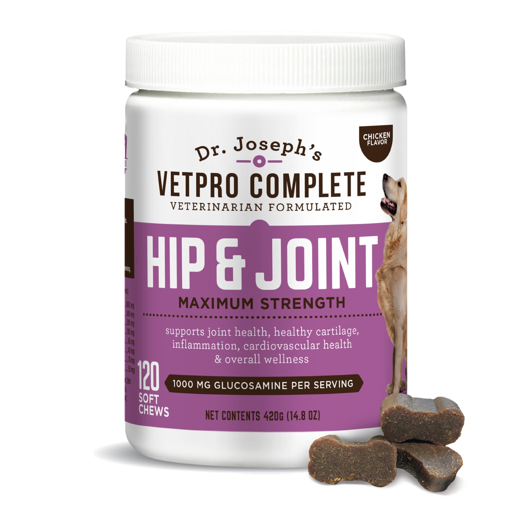 Dr. Joseph's VetPro Complete Dog Hip & Joint Supplement for Arthritis Pain Relief – High-Strength Glucosamine & Chondroitin Chews for Senior Dogs – Vet Formulated Daily Treats, Chicken Flavor, 120 Ct VetPro CompleteAu supplements