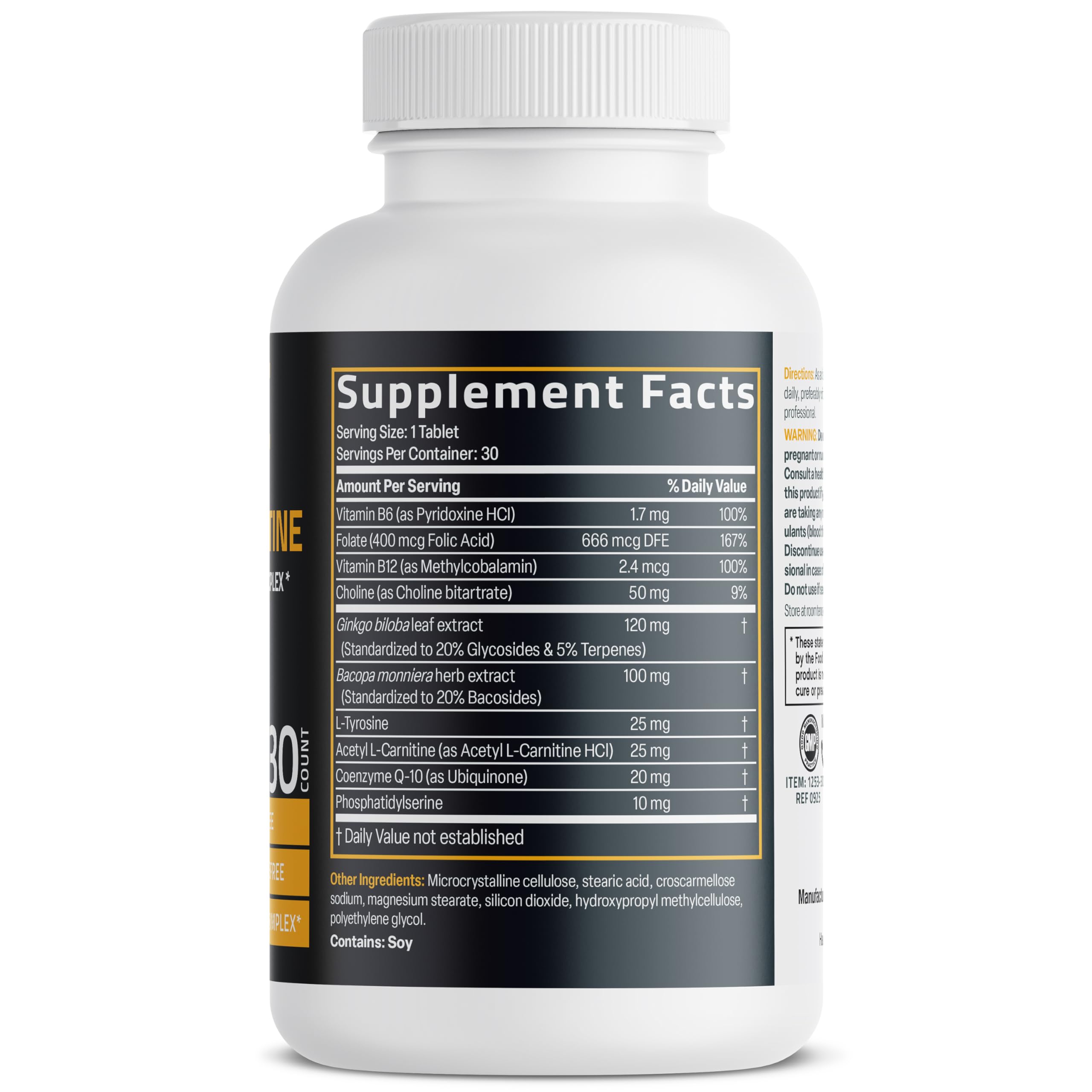 Bronson Ginkgo, Bacopa & Acetyl L-Carnitine Brain & Memory Support Complex with L-Tyrosine, Choline, CoQ10 & Phosphatidylserine Plus Key B Vitamins Non-GMO, 30 Tablets BronsonAu supplements