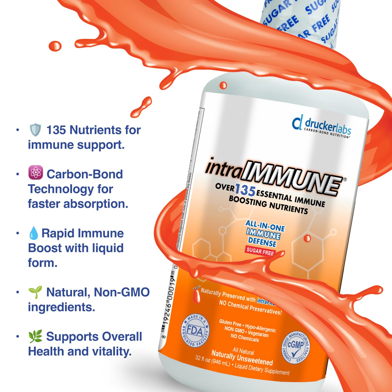 Drucker Labs -intraIMMUNE Organic Liquid Daily Immune & Defense Support, Multivitamin, Elderberry, Echinacea, Zinc, Vitamin D, C E, Vegan, Non GMO, Gluten Free (32 oz., Sugar Free Peach Berry) intraIMMUNEAu supplements