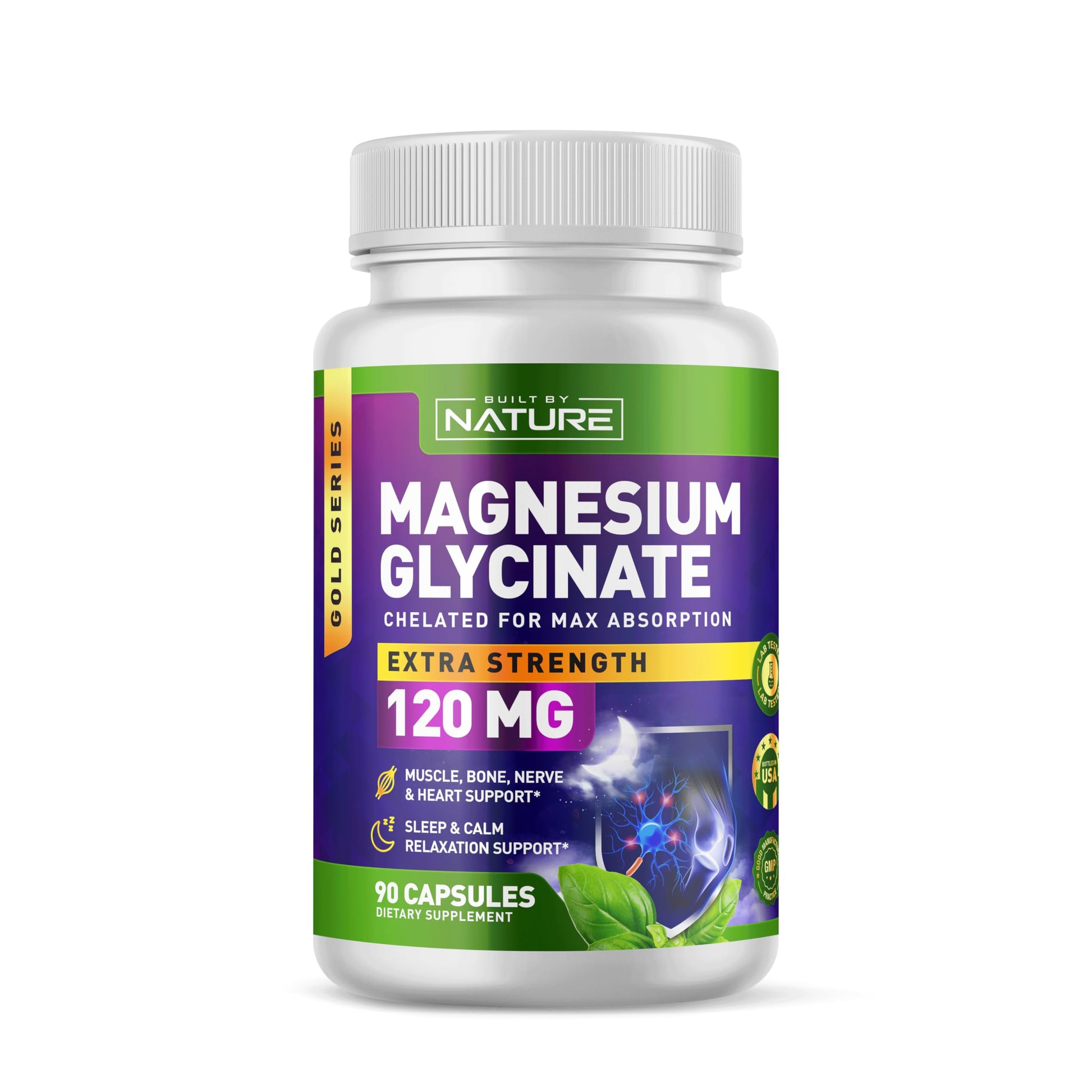 Built By Nature Magnesium Glycinate - Chelated for High Absorption – Supplement to Support Sleep, Muscle, Heart & Nerve Health - 120 mg Magnesium per Serving/Capsule - 90 Capsules Built by NatureAu supplements