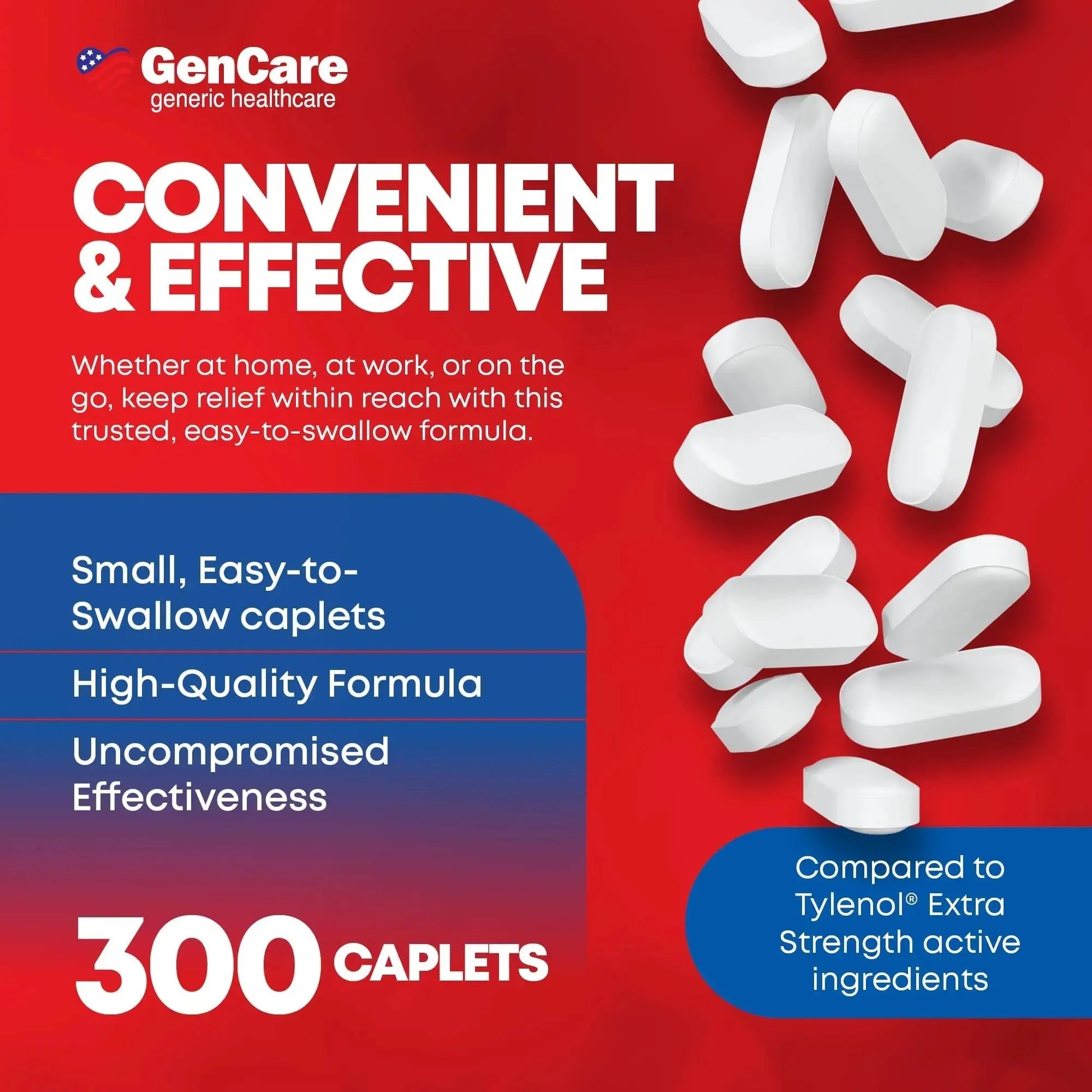 GenCare - Acetaminophen 500mg Extra Strength Pain Relief (300 Caplets) - Multi Symptom Pain Reliever for Headache, Sinus, Arthritis, Back Pain Muscle Ache, Toothache, Fever Reducer, Migraine GenCareAu supplements