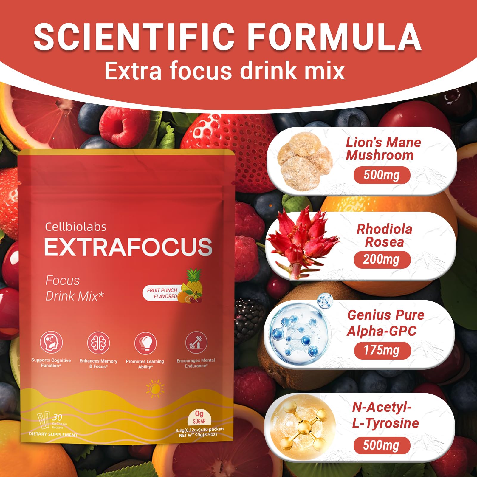 Nootropic Extra Focus Drink Mix, 30 Packs On-The-Go Sticks, Featuring Alpha-GPC, Lion's Mane & Rhodiola, Sugar-Free Packets Fruit Punch Clean Drink Mix CellbiolabsAu supplements