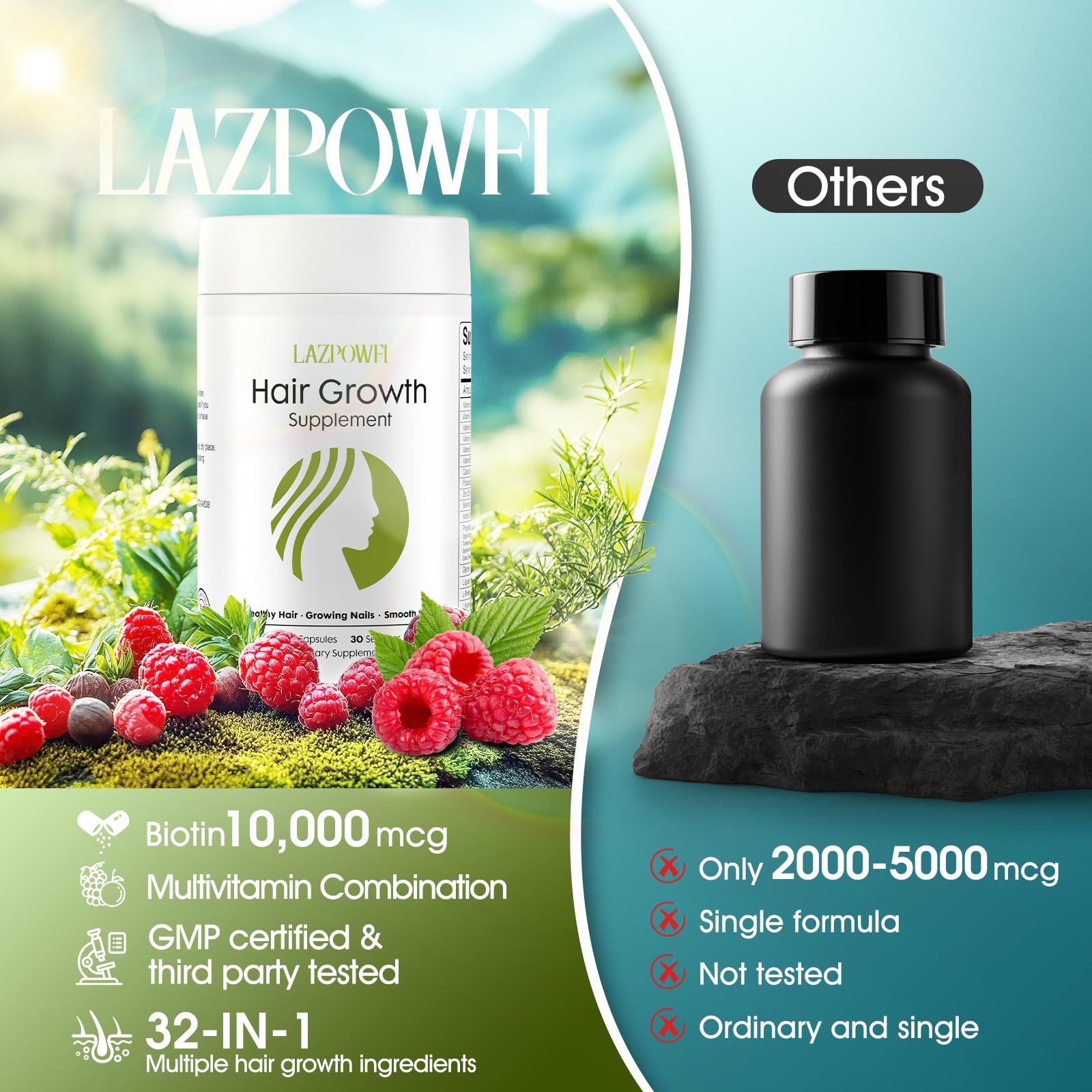 Lazpowfi Hair Growth Supplement, Biotin 10000mcg, 32-in-1 with Vitamin A, B3, C, Magnesium, Calcium, Hair Growth Products, Supports Hair & Nails Natural Growth Vitamins, for Women & Men - 30 Servings LazpowfiAu supplements