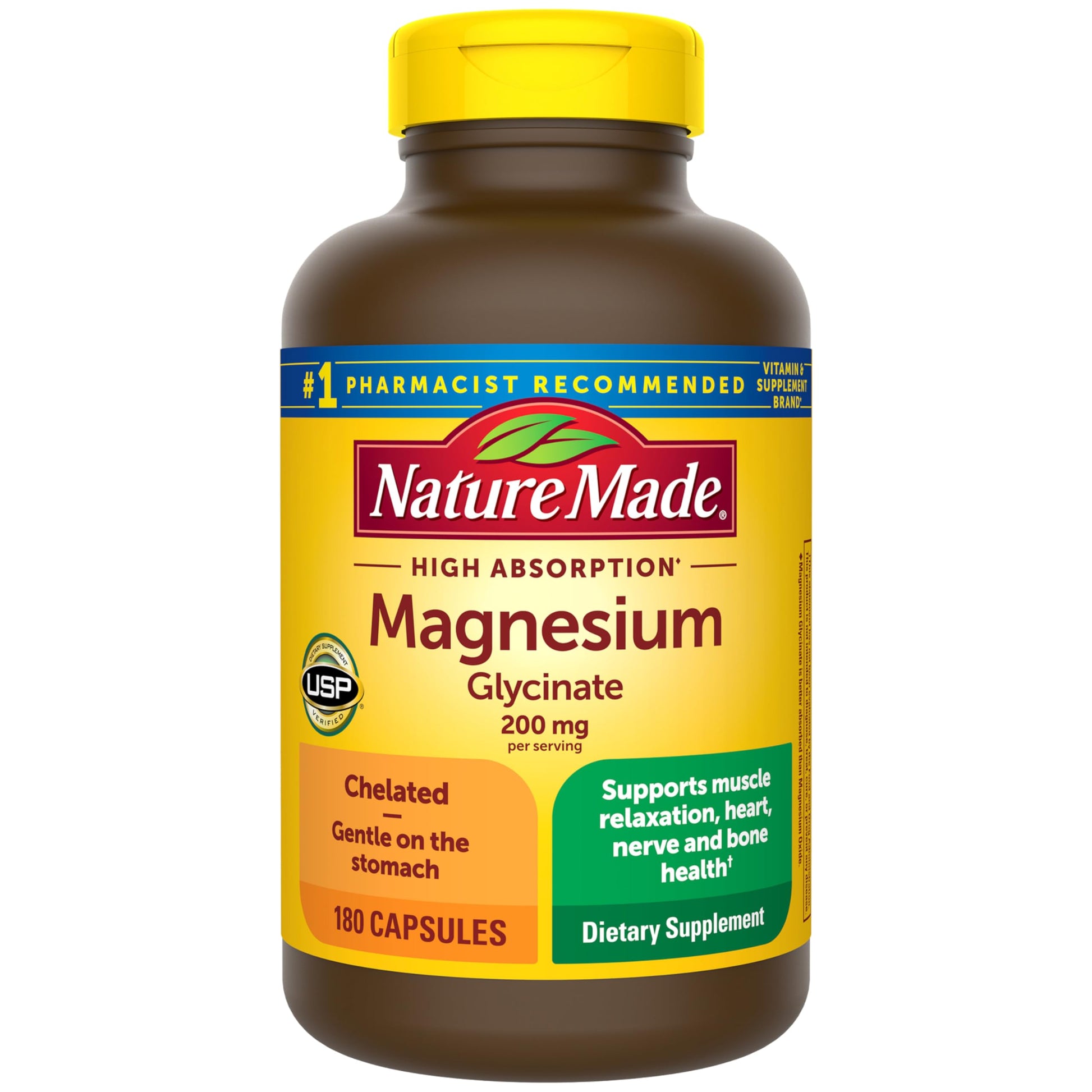 Nature Made Magnesium Glycinate 200 mg per serving, Magnesium Supplement for Muscle, Heart, Nerve and Bone Support, 180 Magnesium Bisglycinate Capsules, 90 Day Supply Nature MadeAu supplements