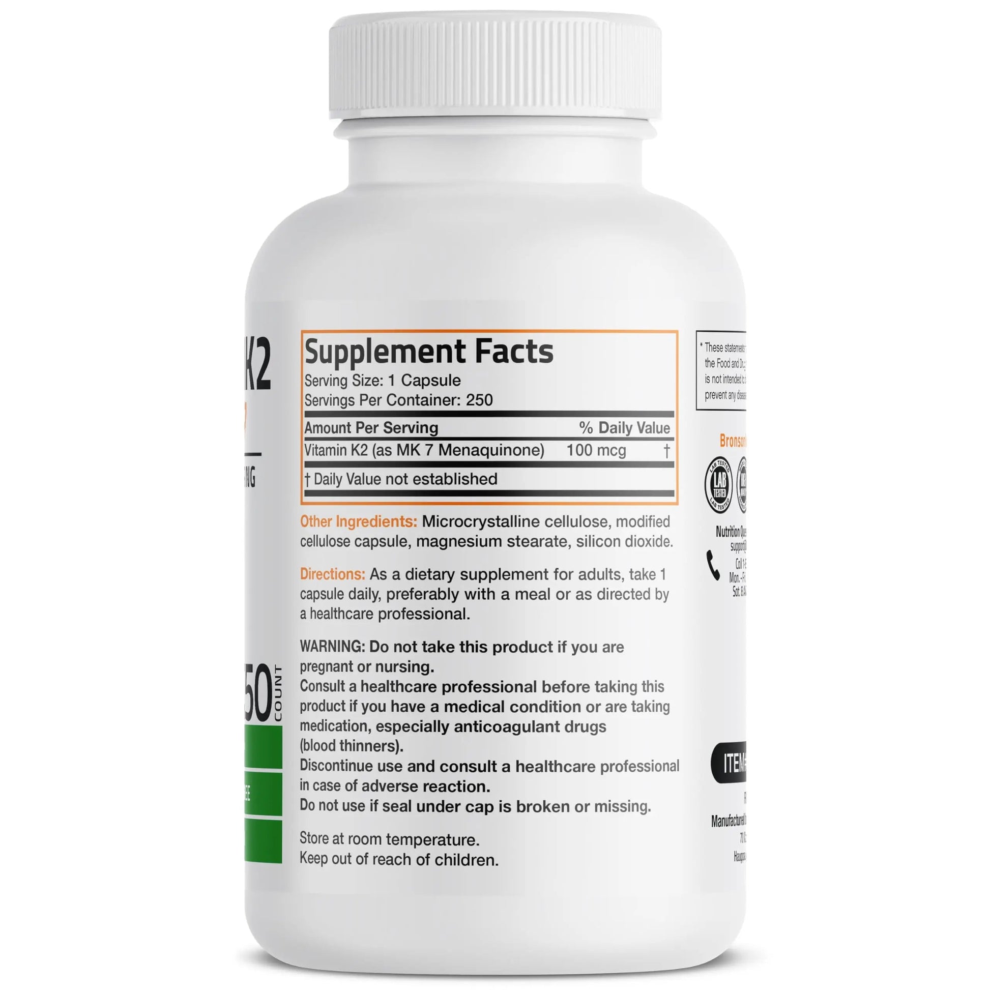 Bronson Vitamin K2 as MK-7 Menaquinone 100 mcg Non-GMO, 250 Capsules BronsonAu supplements