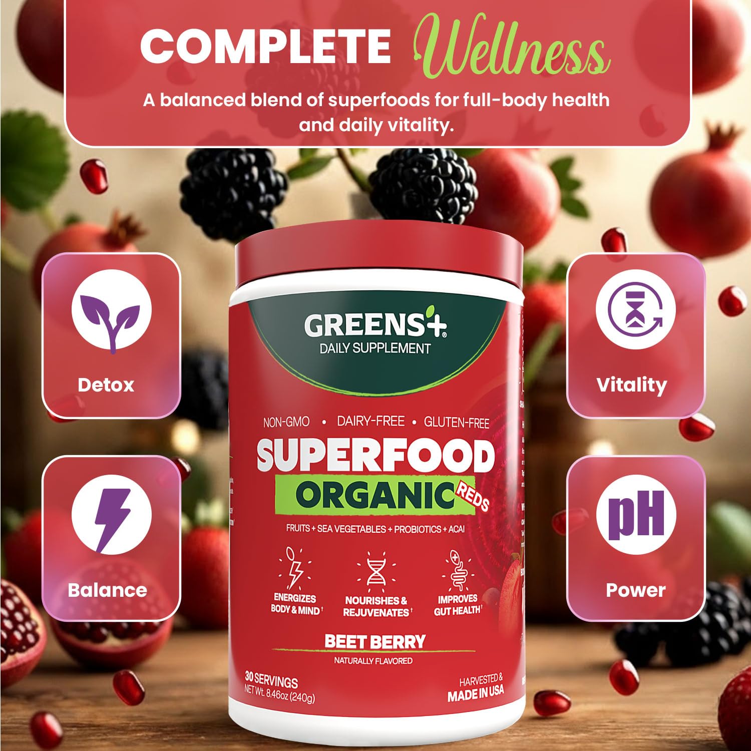Greens+ Organic Reds Superfood Powder, Antioxidant, Polyphenol, Blend for Morning Kick, Energy, Vitality Boost, Nutrition, Vibrant Health, Vegan Soy/Dairy/Gluten Free(8.46oz) Greens+Au supplements