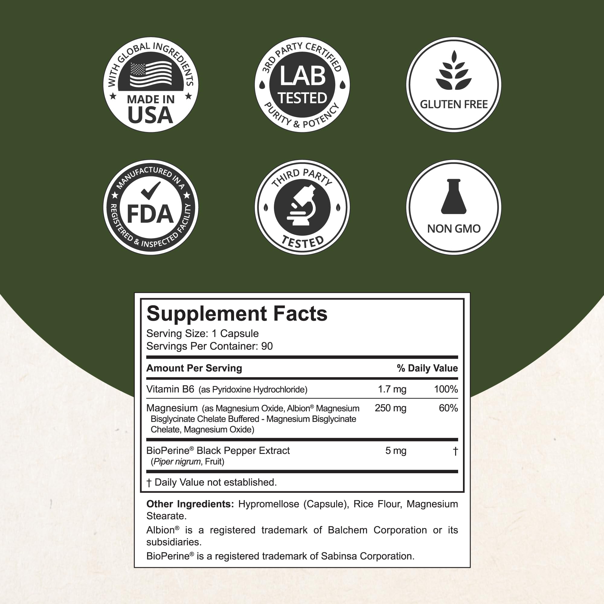 Magnesium Glycinate Chelate Complex with Albion Magnesium Bisglycinate Chelate, Vitamin B6 & BioPerine for Bone, Muscle, Natural Sleep,