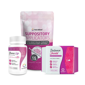 NutraBlast Boric Acid Suppositories 600mg (30 Count) Bundle with Disposable Applicators (15-Pack) and Balance Shield Panty Liners (180mm, 20-Pack) NutraBlastUS supplements
