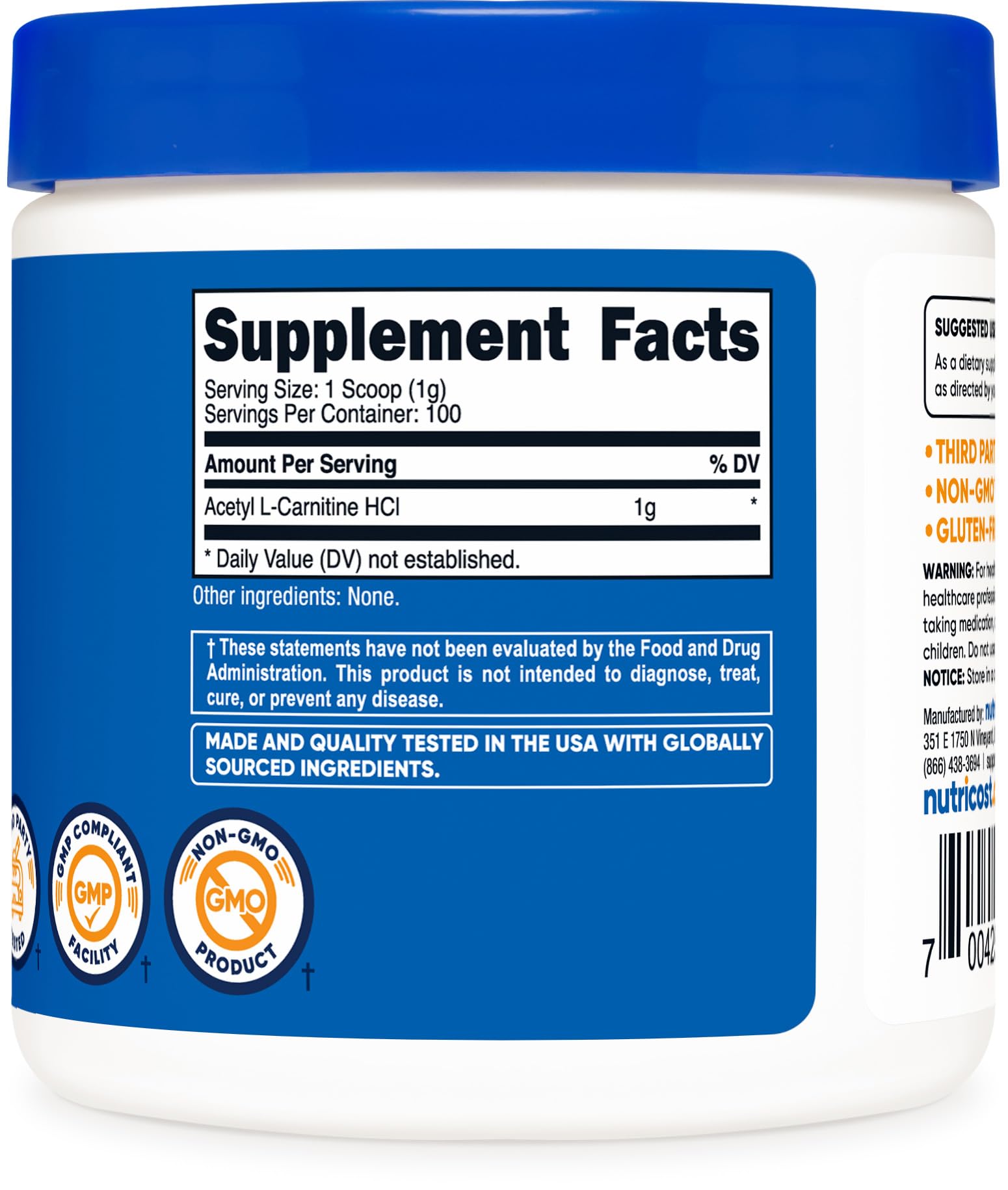 Nutricost Acetyl L-Carnitine (ALCAR) 100 Grams - 1000mg Per Serving - Non-GMO, Gluten Free NutricostUS supplements