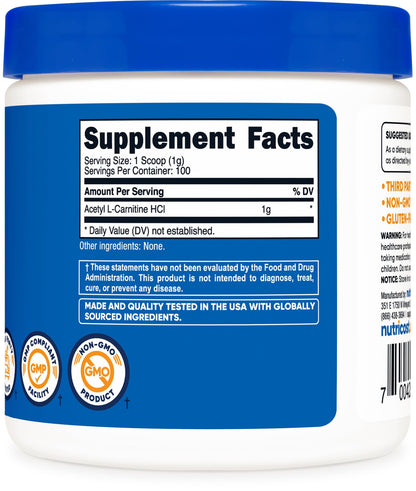 Nutricost Acetyl L-Carnitine (ALCAR) 100 Grams - 1000mg Per Serving - Non-GMO, Gluten Free NutricostUS supplements