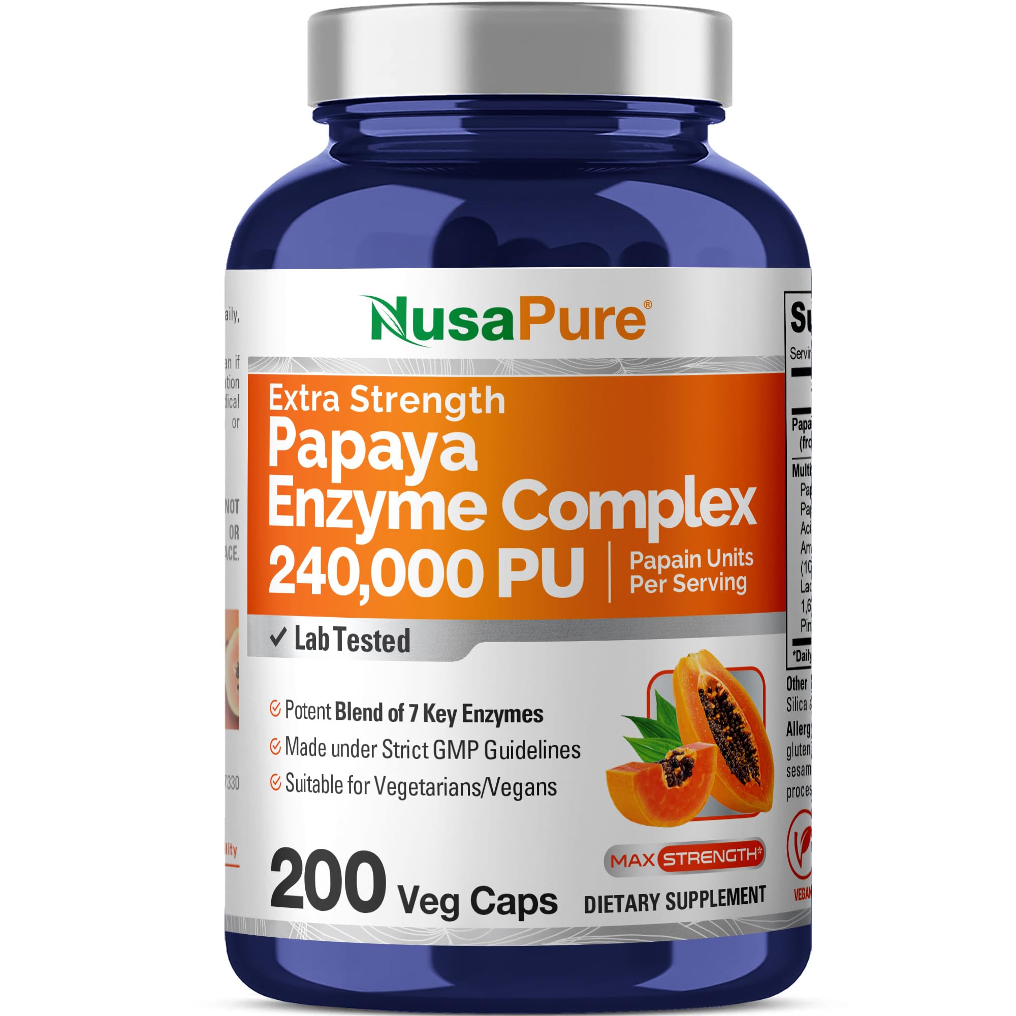 NusaPure Papaya Papain Enzyme Complex 240,000 PU - 200 Veggie Caps - Suitable for Vegetarian, Vegan Non-GMO NusaPureAu supplements