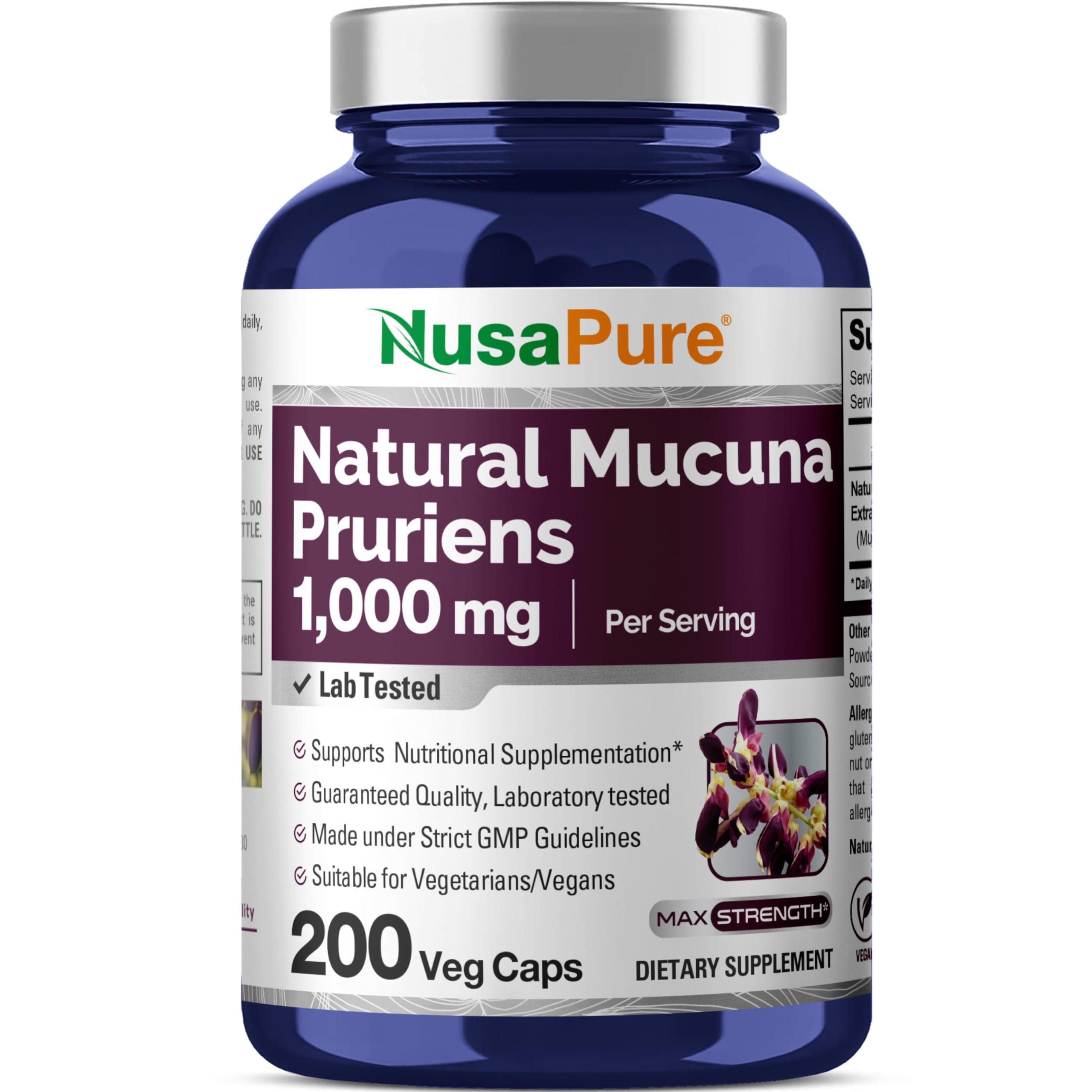 NusaPure Mucuna Pruriens 1000mg 200 Veggie Caps (Non-GMO, 100% Vegetarian, Vegan) NusaPureAu supplements
