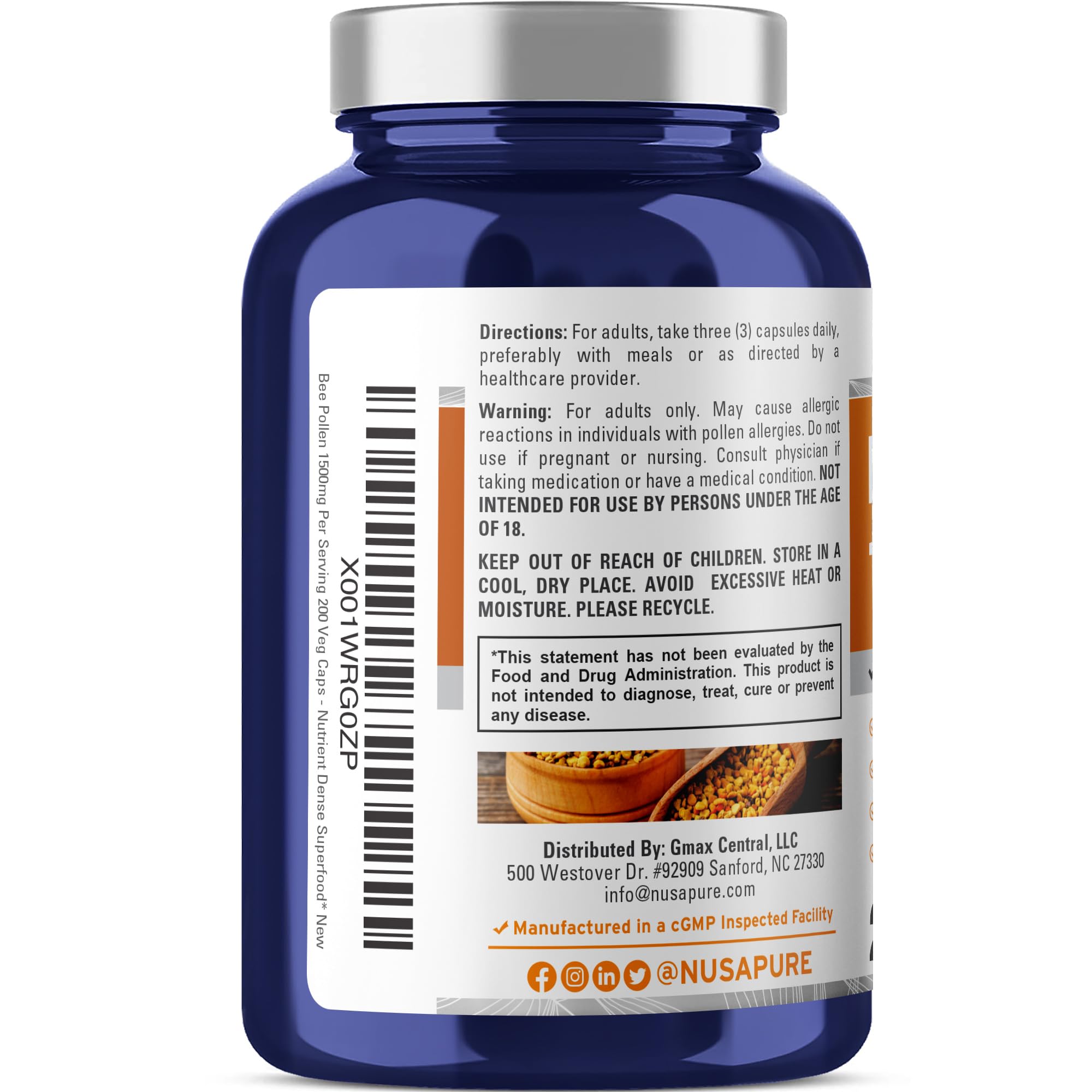 NusaPure Bee Pollen 1500mg 200 Veggie Caps (100% Vegetarian, Non-GMO, Vegan) Naturally Occurring Proteins, Aminoacids NusaPureAu supplements