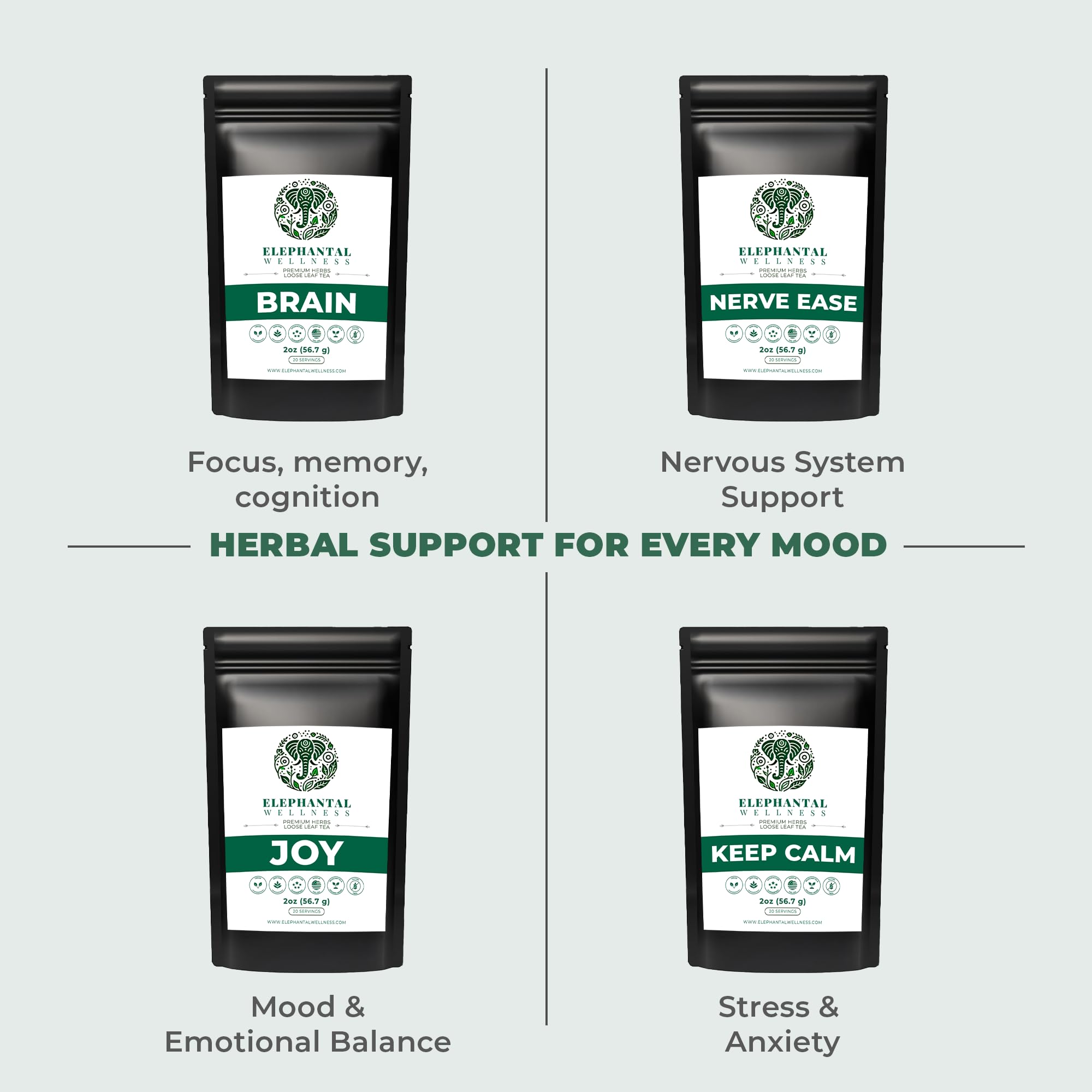 Elephantal Wellness Premium Brain Herbal Tea | Nootropic Focus & Mental Clarity with Ginkgo, Bacopa, Gotu Kola & Rosemary | Non-GMO, Caffeine-Free Coffee Alternative, Handmade Loose Leaf Blend, 2oz Loose Leaf, 20 Servings Elephantal WellnessAu supplements