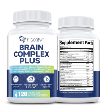 Brain Supplements for Memory and Focus | Nootropic with Bacopa Monnieri, Lion's Mane, Alpha GPC, Ginkgo Biloba | Mental Clarity & Cognitive Support | Vitamin B6 & B12 Neuro Health - Non-GMO, 120 Caps MigcopatAu supplements
