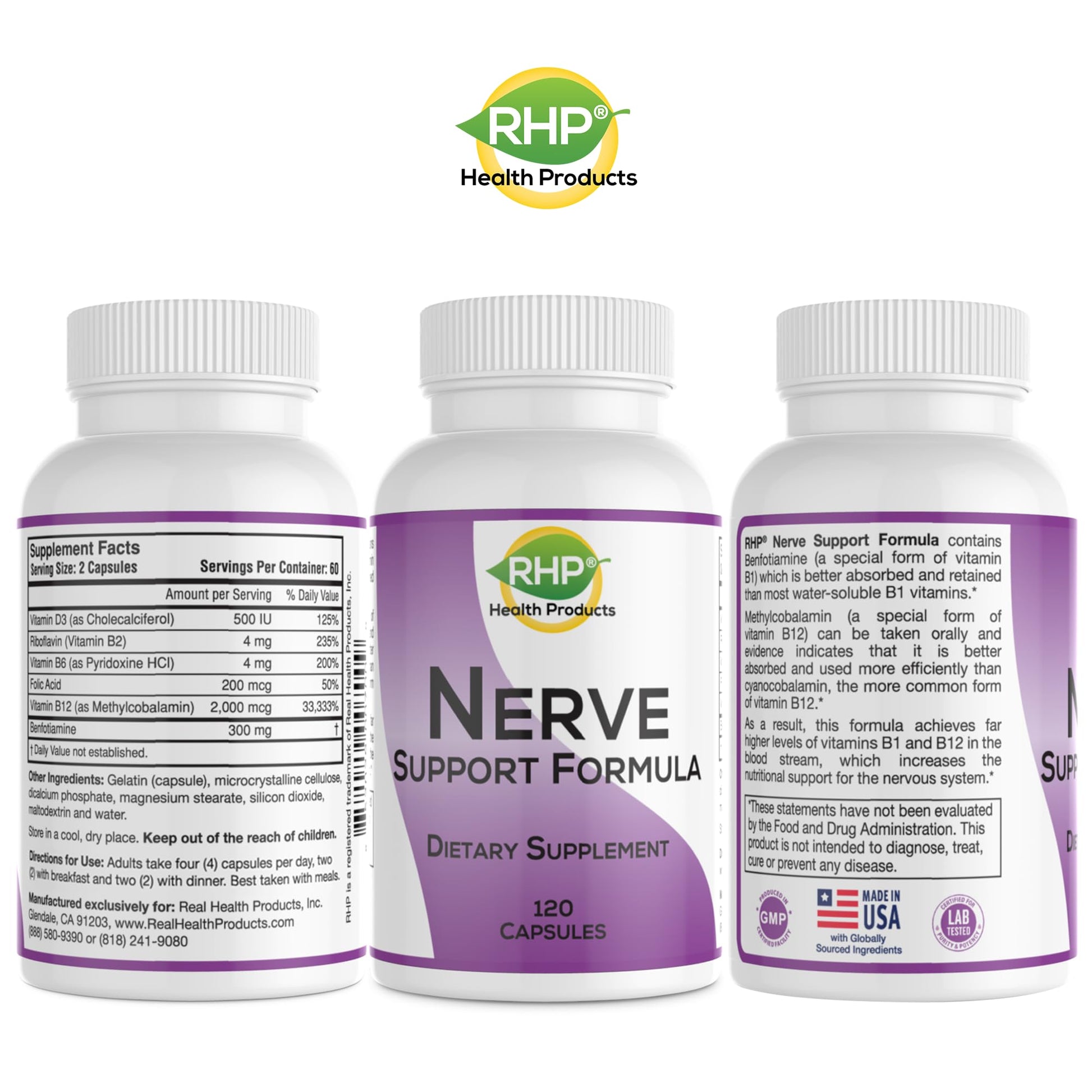 RHP Nerve Support Formula. Nutritional Support of Neuropathy, Nerve Relief from Aches, Nerve Pain & Discomfort. B-Complex with Benfotiamine and Methyl B12. 120 Capsules RHPAu supplements