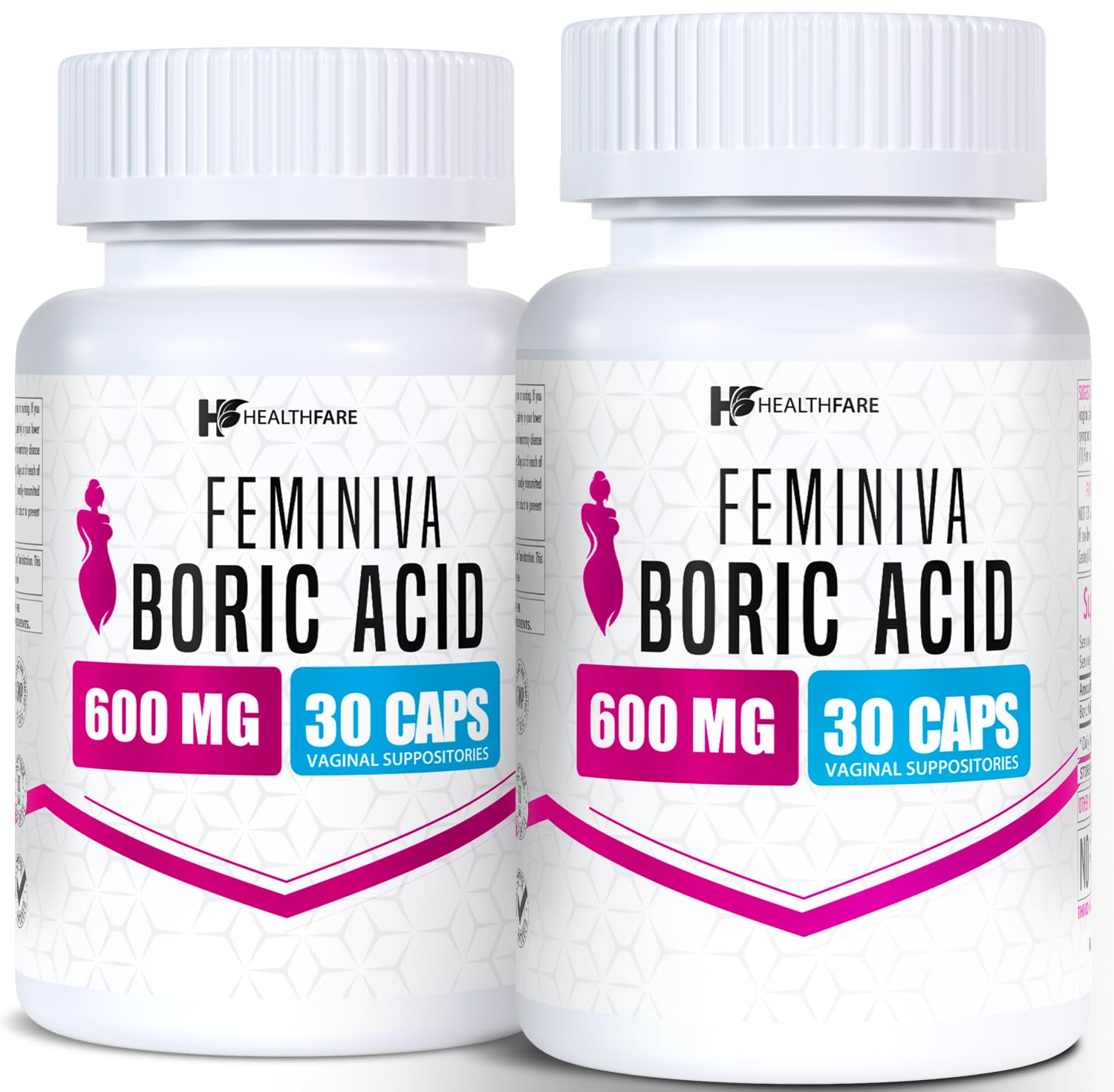 Healthfare Feminiva Boric Acid Suppositories | 2-Pack | 30 Vaginal Suppositories Each | 600mg | 100% Pure | Made in The USA HealthfareUS supplements