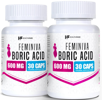Healthfare Feminiva Boric Acid Suppositories | 2-Pack | 30 Vaginal Suppositories Each | 600mg | 100% Pure | Made in The USA HealthfareUS supplements