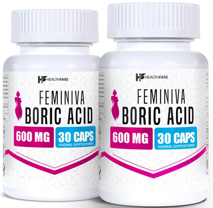 Healthfare Feminiva Boric Acid Suppositories | 2-Pack | 30 Vaginal Suppositories Each | 600mg | 100% Pure | Made in The USA HealthfareUS supplements