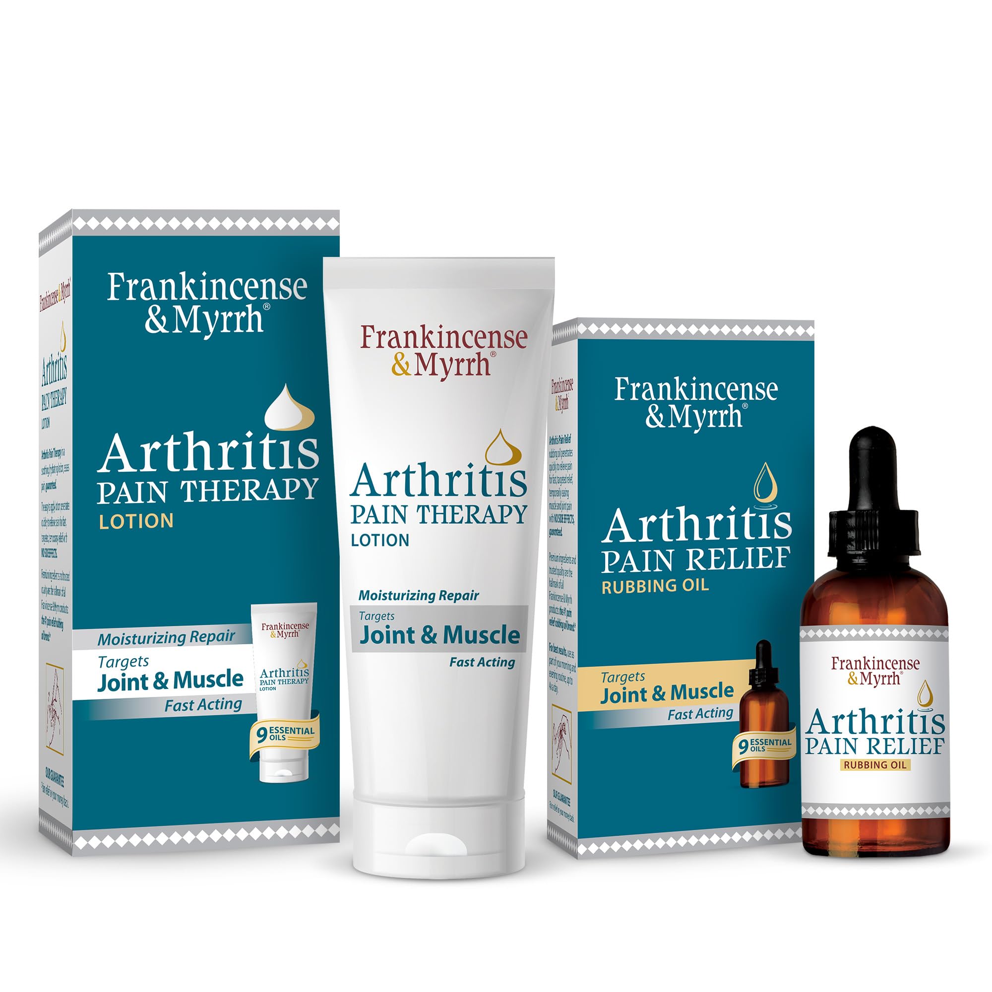 FRANKINCENSE & MYRRH Combo Pack - Arthritis Pain Relief Rubbing Oil 2 oz. and Arthritis Pain Reliever Therapy Cream for Joints & Sciatica Relief, 3 oz., Hydrating Lotion with Essential Oils FRANKINCENSE & MYRRHAu supplements