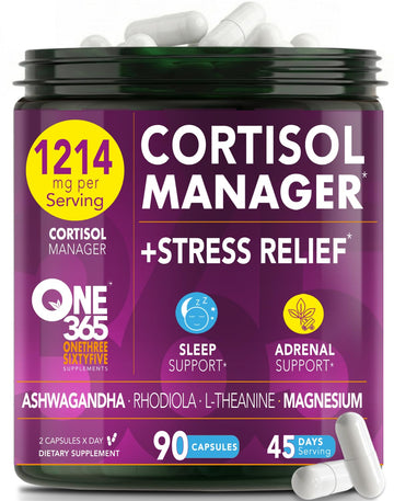 Cortisol Manager – Adrenal Support Supplement for Women & Men – Natural Stress Relief, Calm & Sleep Support – Cortisol Reducer with Ashwagandha, Magnesium, L-Theanine & Rhodiola – 90 Vegan Capsules ONE 365Au supplements