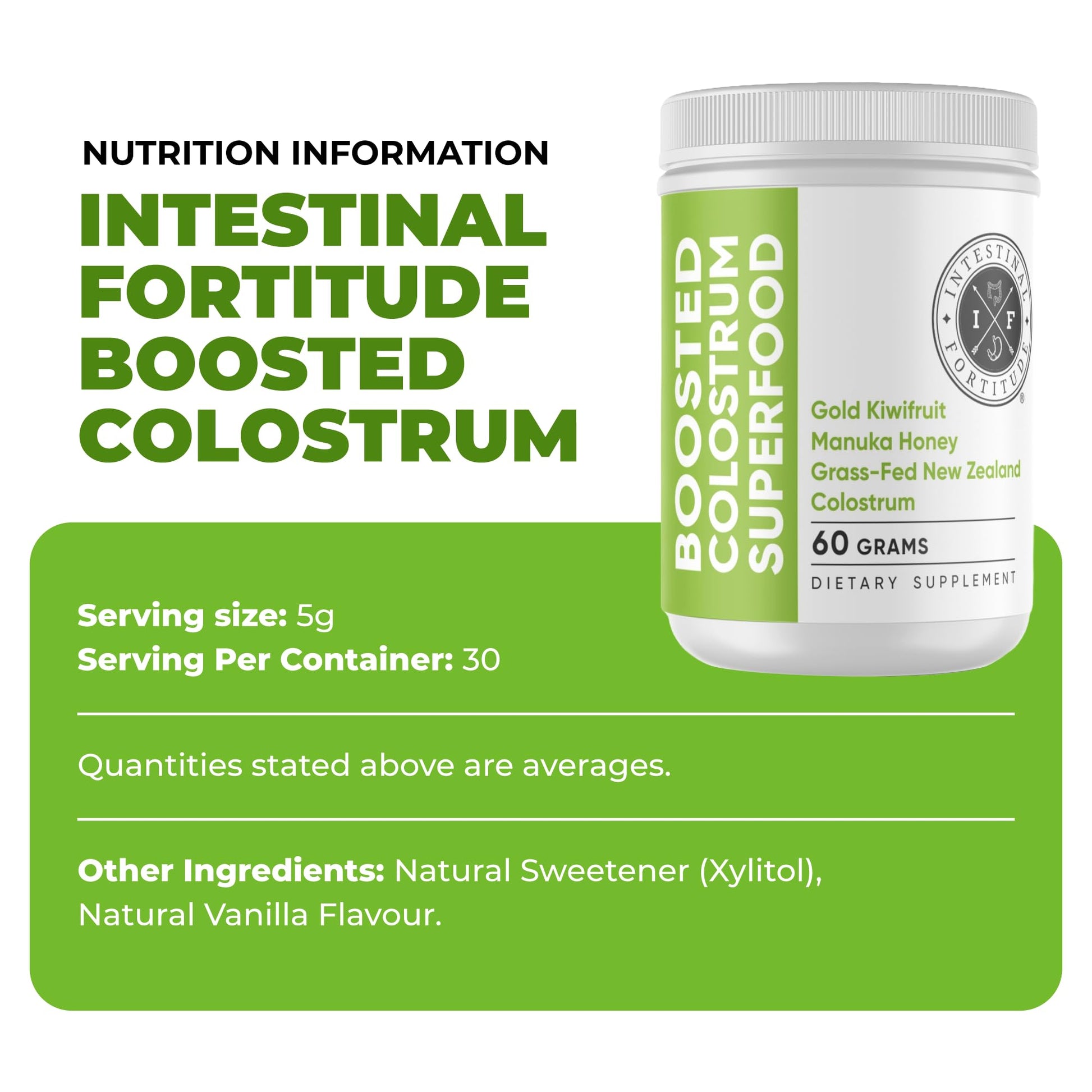 Intestinal Fortitude Boosted Colostrum Superfood Dietary Supplement: Grass-Fed New Zealand Bovine Colostrum, Gold Kiwifruit, Manuka Honey, for Digestion, Immune System, and Gut Health (60 Grams) Intestinal FortitudeAu supplements