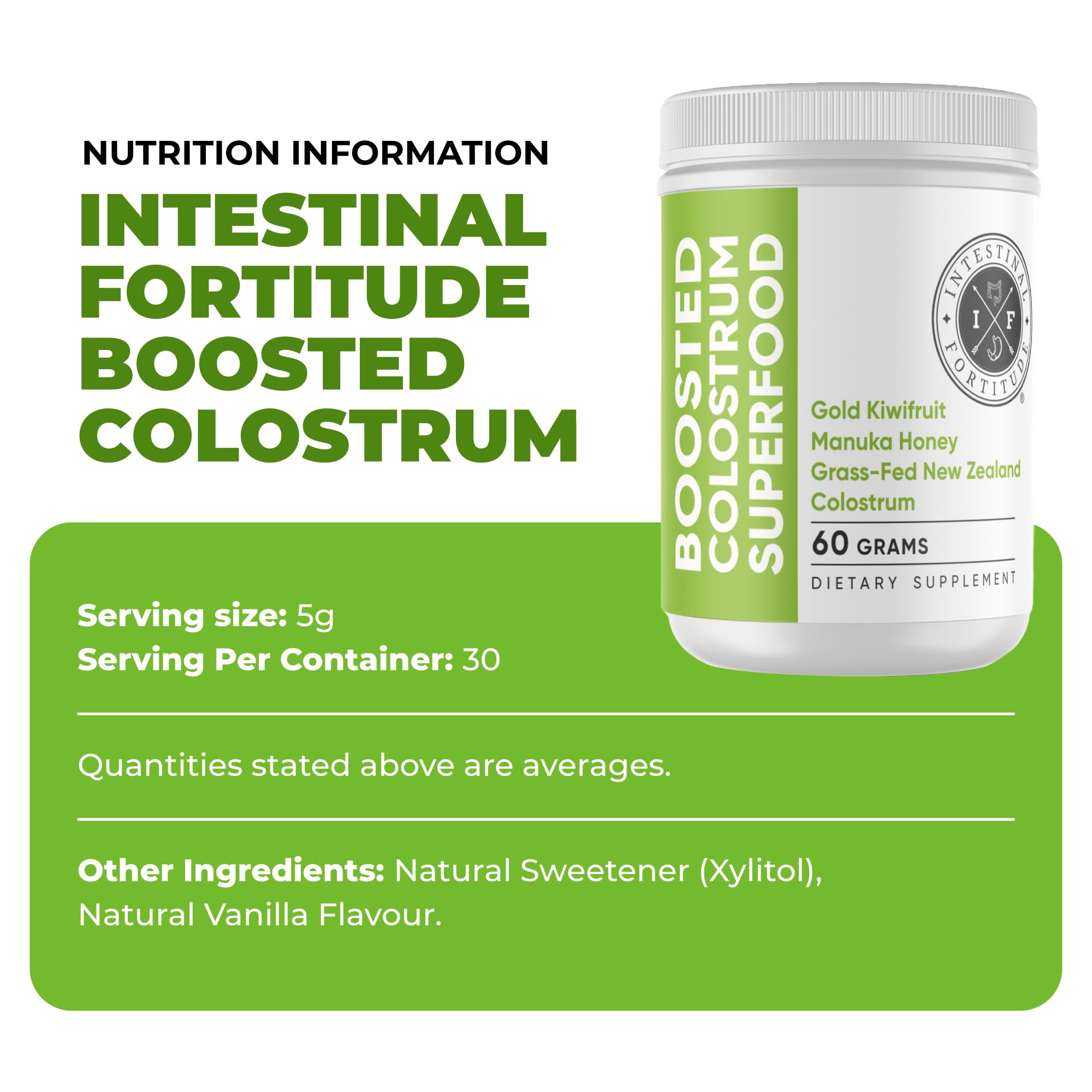 Intestinal Fortitude Boosted Colostrum Superfood Dietary Supplement: Grass-Fed New Zealand Bovine Colostrum, Gold Kiwifruit, Manuka Honey, for Digestion, Immune System, and Gut Health (60 Grams) Intestinal FortitudeAu supplements