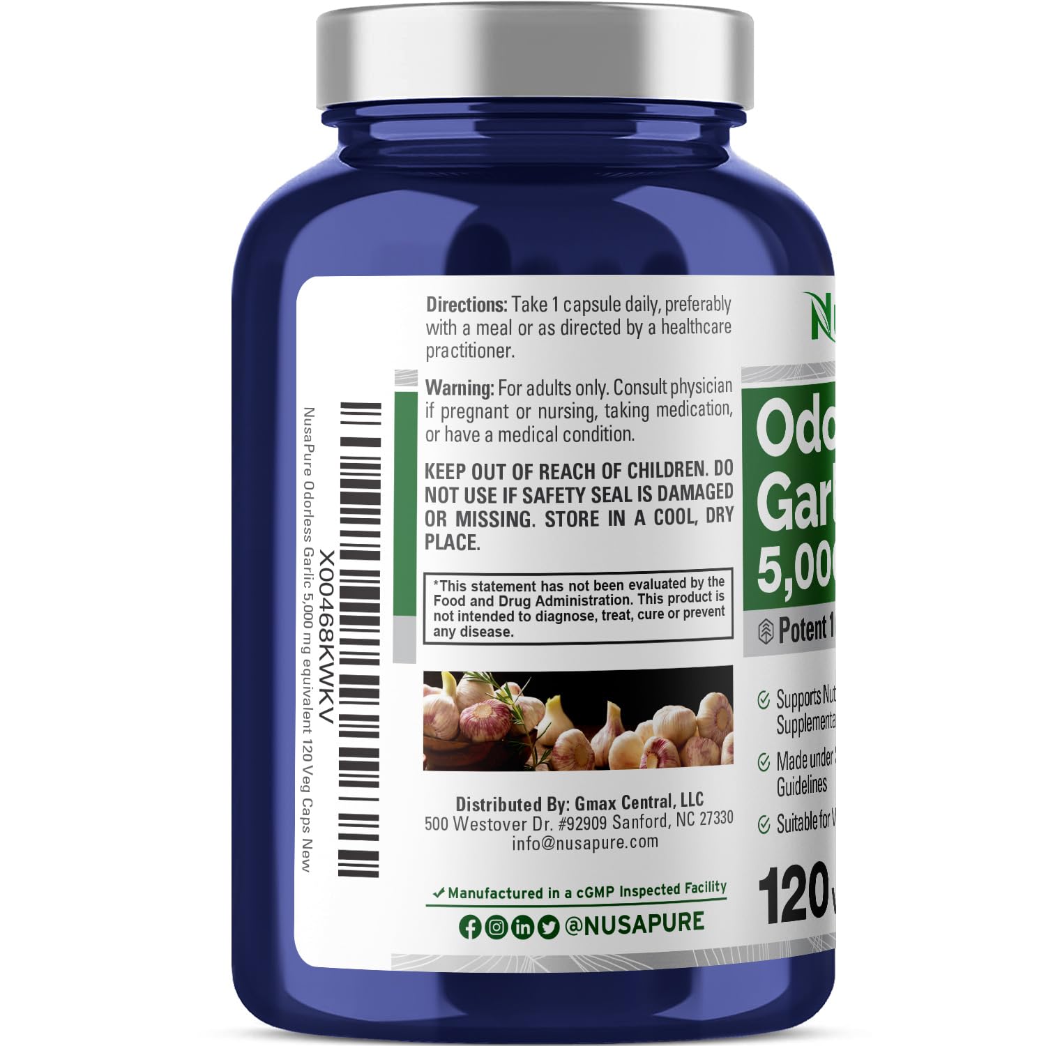 NusaPure Odorless Garlic 100:1 Extract, 50 mg Equivalent to 5000mg Capsule | 120 Veggie Caps | High Potency | Herbal Supplement | Non-GMO | Vegan NusaPureAu supplements