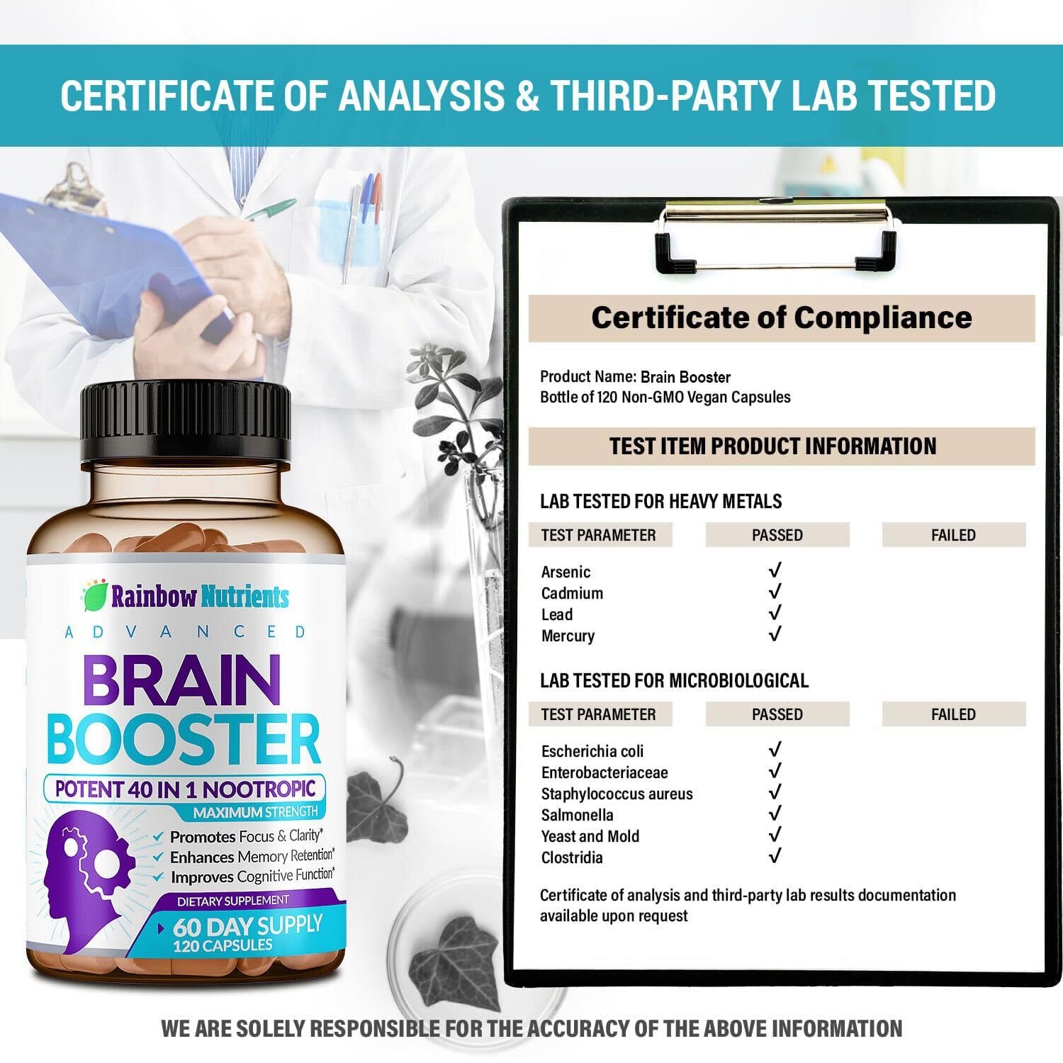 40-in-1 Brain Booster Supplements for Memory, Focus, Clarity, Energy, Performance | Natural Nootropic Brain Support Supplement with DMAE, Bacopa Monnieri & More | For Men & Women | 120 V Capsules Rainbow Nutrients, LLCAu supplements