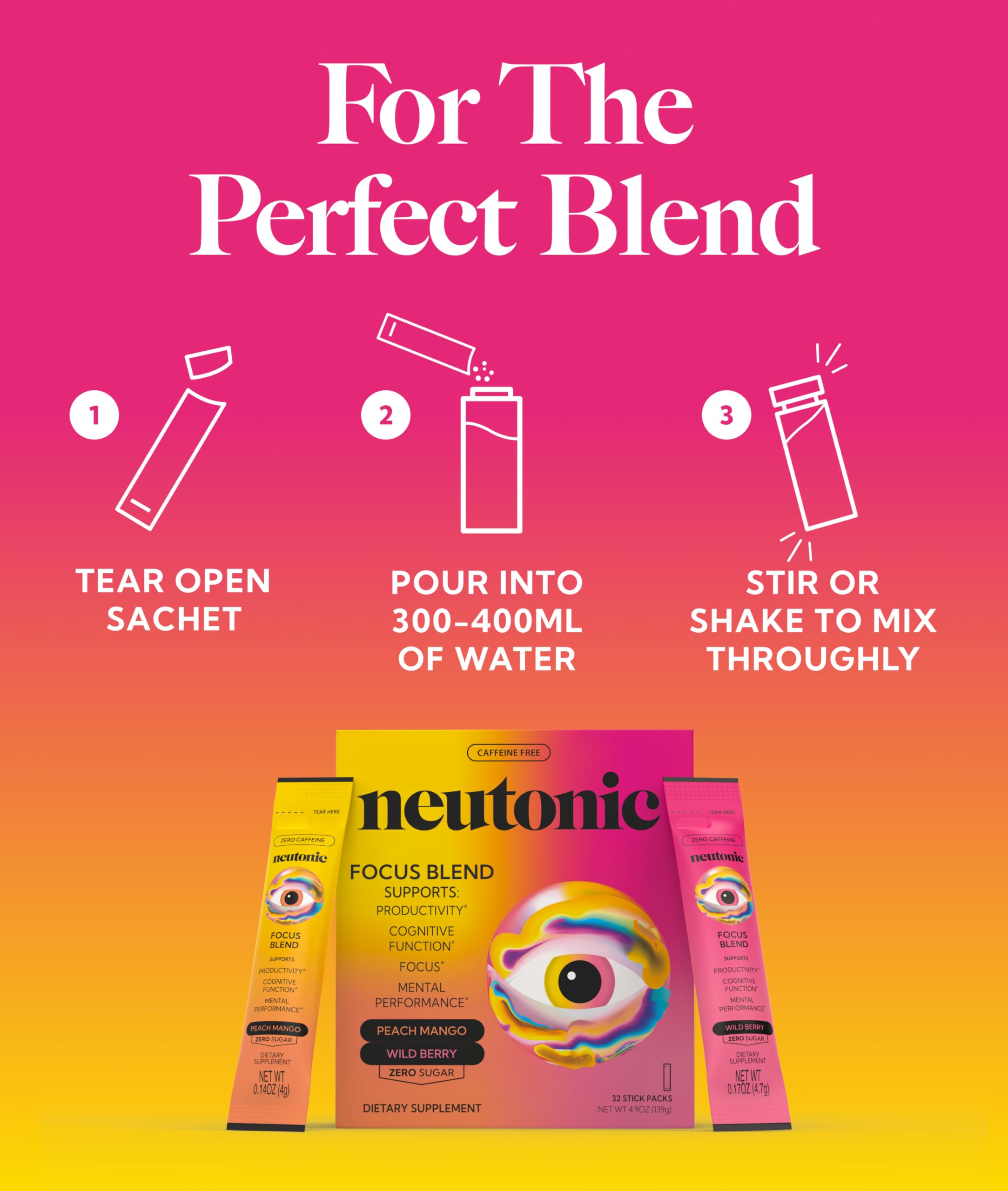 Neutonic Nootropic Focus Blend Powder | Peach Mango & Wild Berry 32 Sticks | Caffeine Free, Zero Sugar | Support Memory, Mental Clarity, Cognitive Function | Boost Focus, Energy, Brain Health NeutonicAu supplements