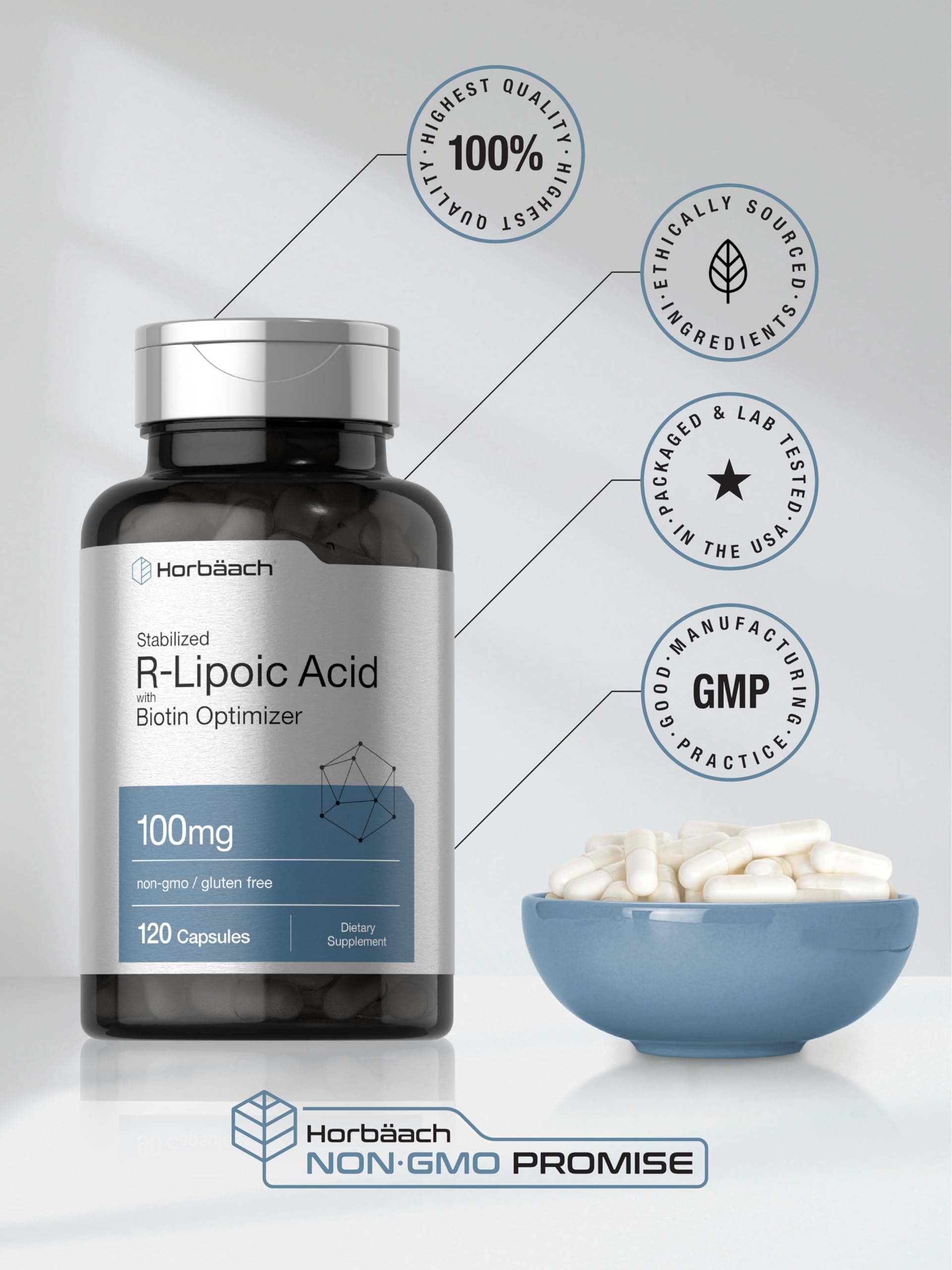 R-Lipoic Acid 100 mg | 120 Capsules | with Biotin Optimizer | Non-GMO, Gluten Free HorbäachAu supplements