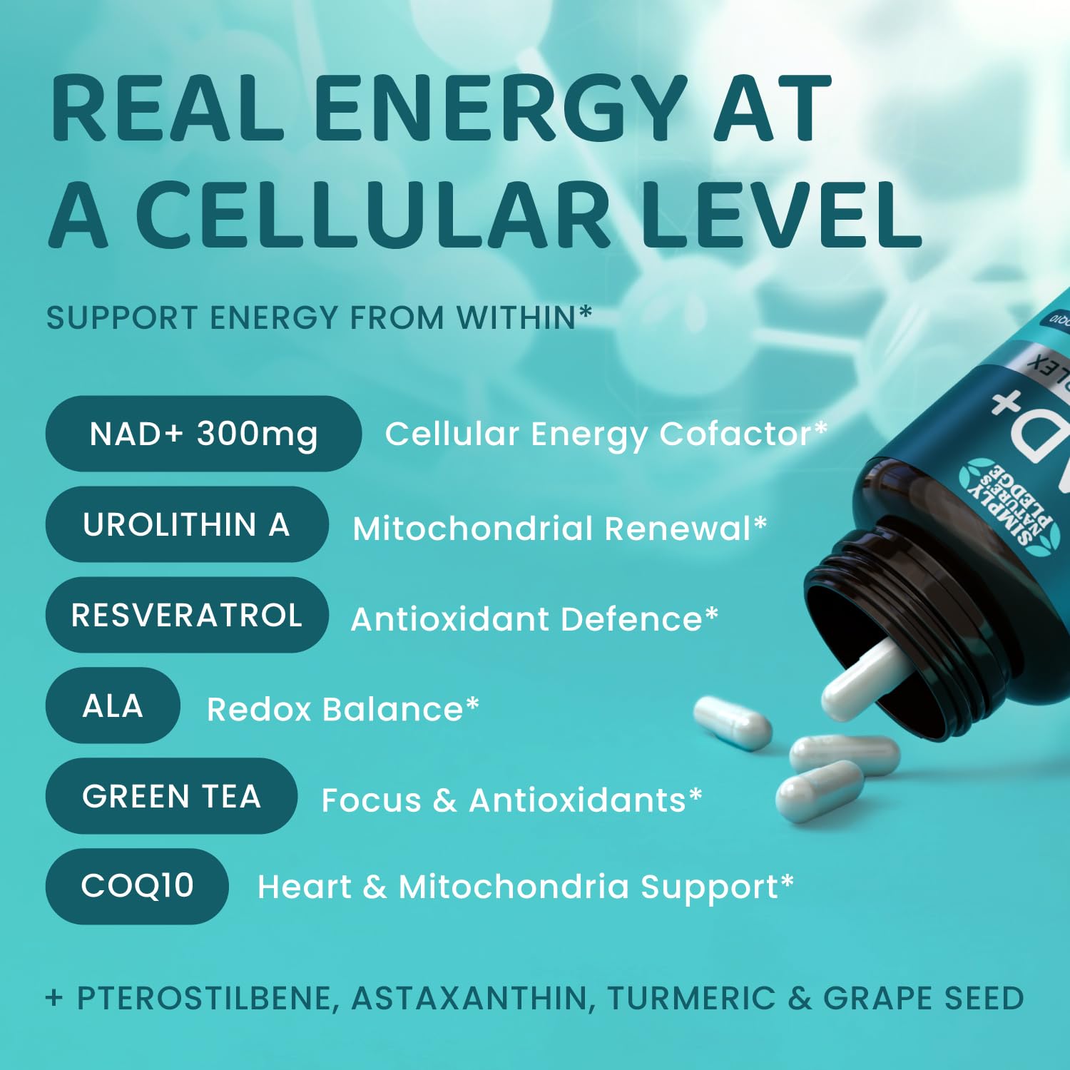NAD+ Elite Complex – Direct NAD+ 300 mg with Urolithin A, Resveratrol, CoQ10 & Antioxidant Blend – Cellular Energy, Mitochondrial Support & Healthy Aging – Vegan, Non-GMO, 60 Capsules (30 Servings) Simply Nature's PledgeAu supplements