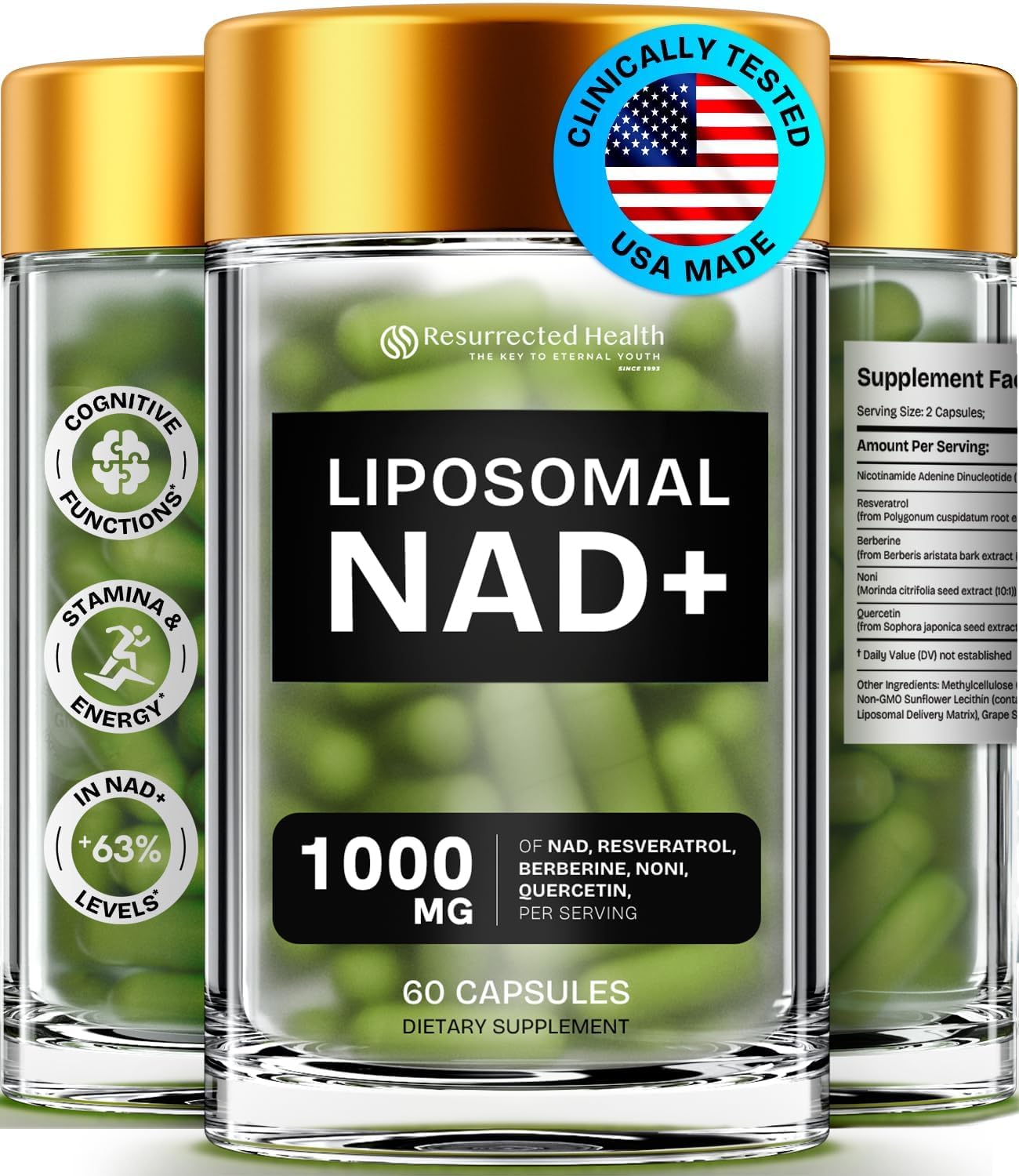 Liposomal NAD Supplement for Women w/Noni | 5-in-1 NAD Resveratrol Supplement w/Berberine & Quercetin | Pure NMN Powder Alternative | Supports Anti Aging & NAD+ Levels | 60 caps - 1 Pack Resurrected HealthAu supplements