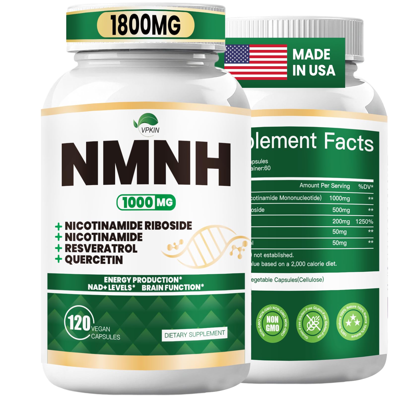 NMNH(Dihydronicotinamide Mononucleotide),NMNH Supplement 1000mg Pure Nicotinamide Mononucleotide,NAD High Purity Supplement Alternative,for Energy,Focus,Non-GMO, Gluten Free,120 Capsules VPKINAu supplements