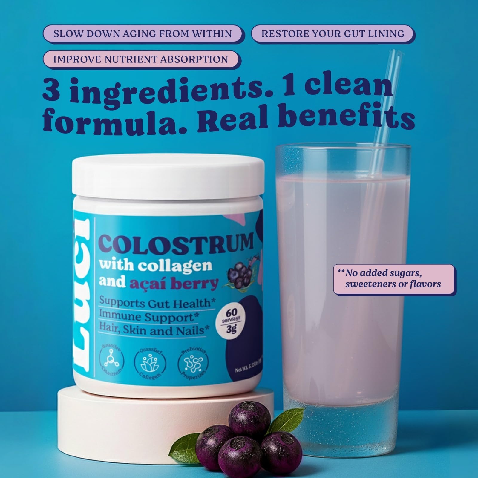 Luci Colostrum Powder 60 Servings, 3 in 1 with Collagen Peptides and Acai, Bovine Colostrum for Gut Health, Bloating, Collagen Protein for Muscle, Skin, Hair, Nails and Immunity, Gluten & Fat Free Luci NutritionAu supplements