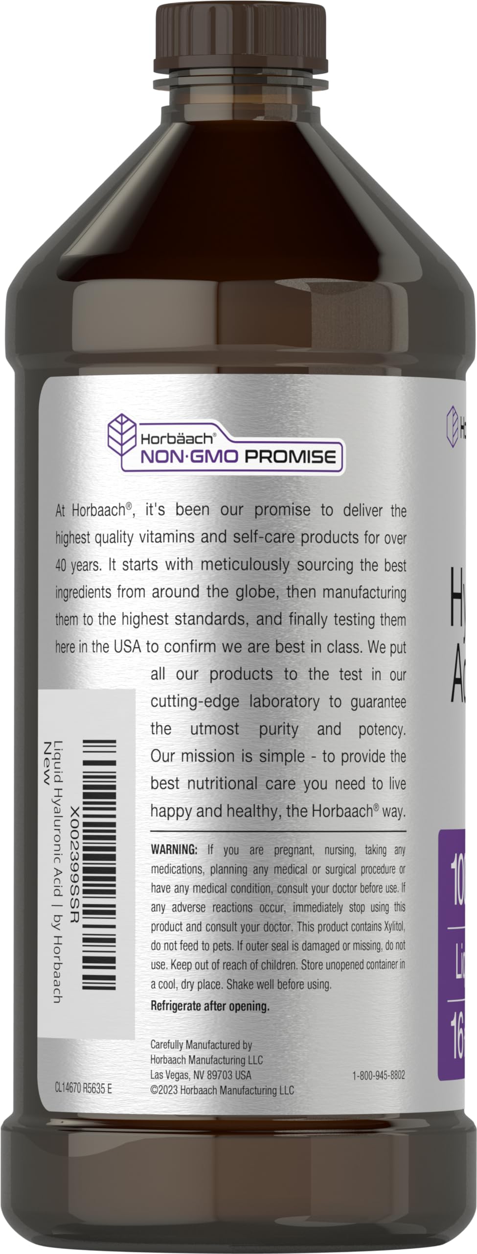 Liquid Hyaluronic Acid Supplement | 100 mg | 16 oz | Mixed Berry Flavor | Non-GMO HorbäachAu supplements
