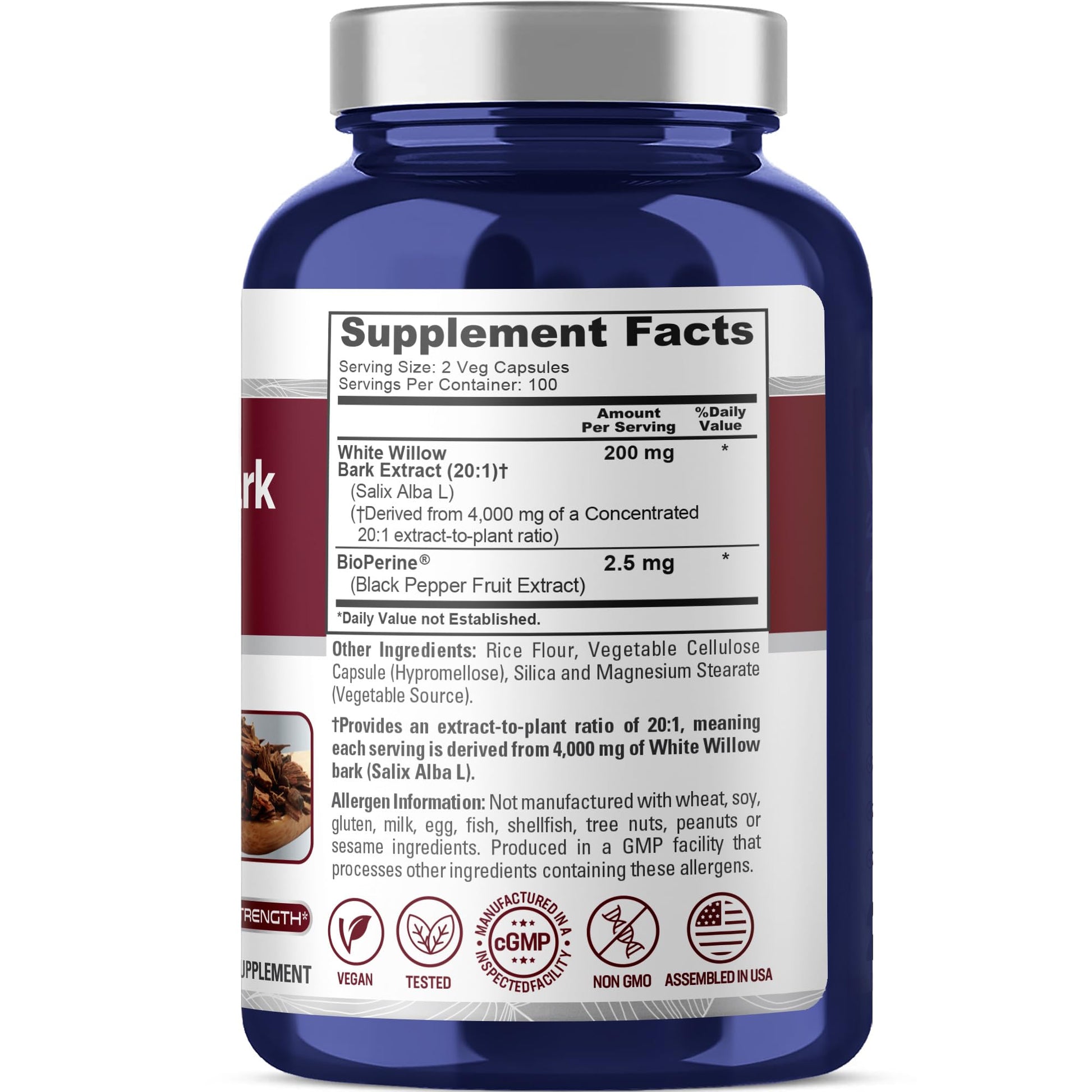 NusaPure White Willow Bark 20:1 Extract, 200 mg Equivalent to 4000mg, 200 Veggie Capsules, Max Strength, (Non-GMO, Vegan) NusaPureAu supplements