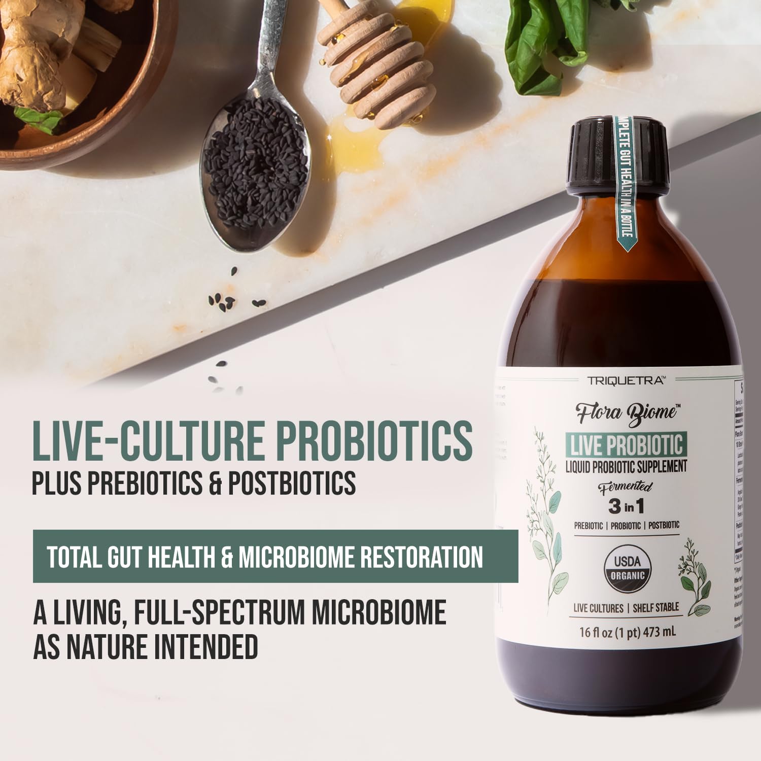 Flora Biome - Live Probiotic, Prebiotic, & Postbiotic – Organic Live-Culture – 10 Probiotic Strains, 18 Fermented Herbs - Complete Gut Health & Microbiome Optimizer (16 oz) Triquetra HealthAu supplements