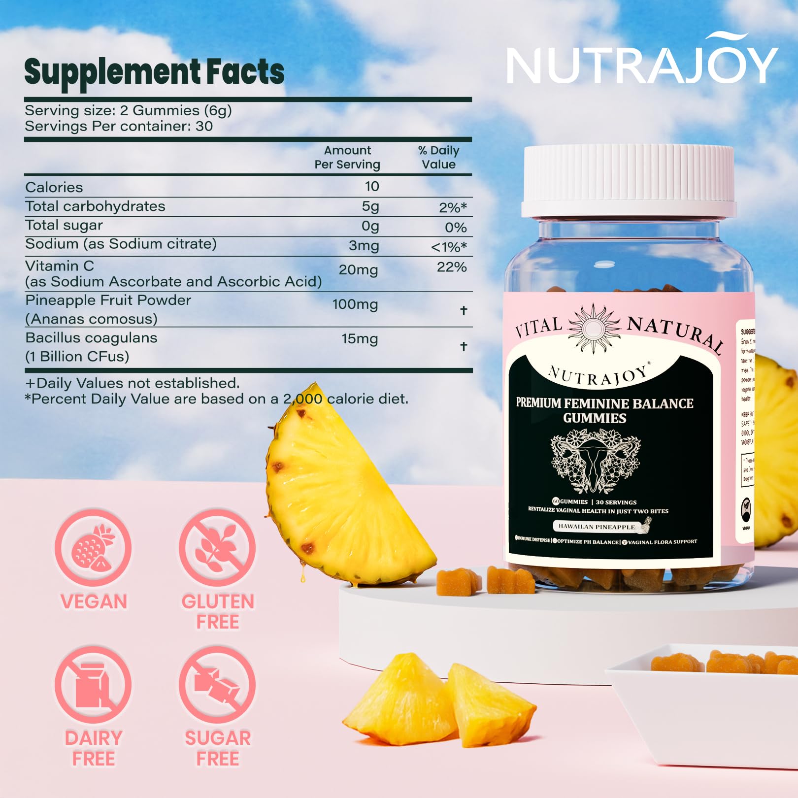 NUTRAJOY Premium Feminine Balance Gummies, for Women's Ph Health, Vaginal Wellness Support, Immune Support, Energy Support, Hawaiian Pineapple, Vegan Gluten-Free, 60 Gummies NUTRAJOYAu supplements