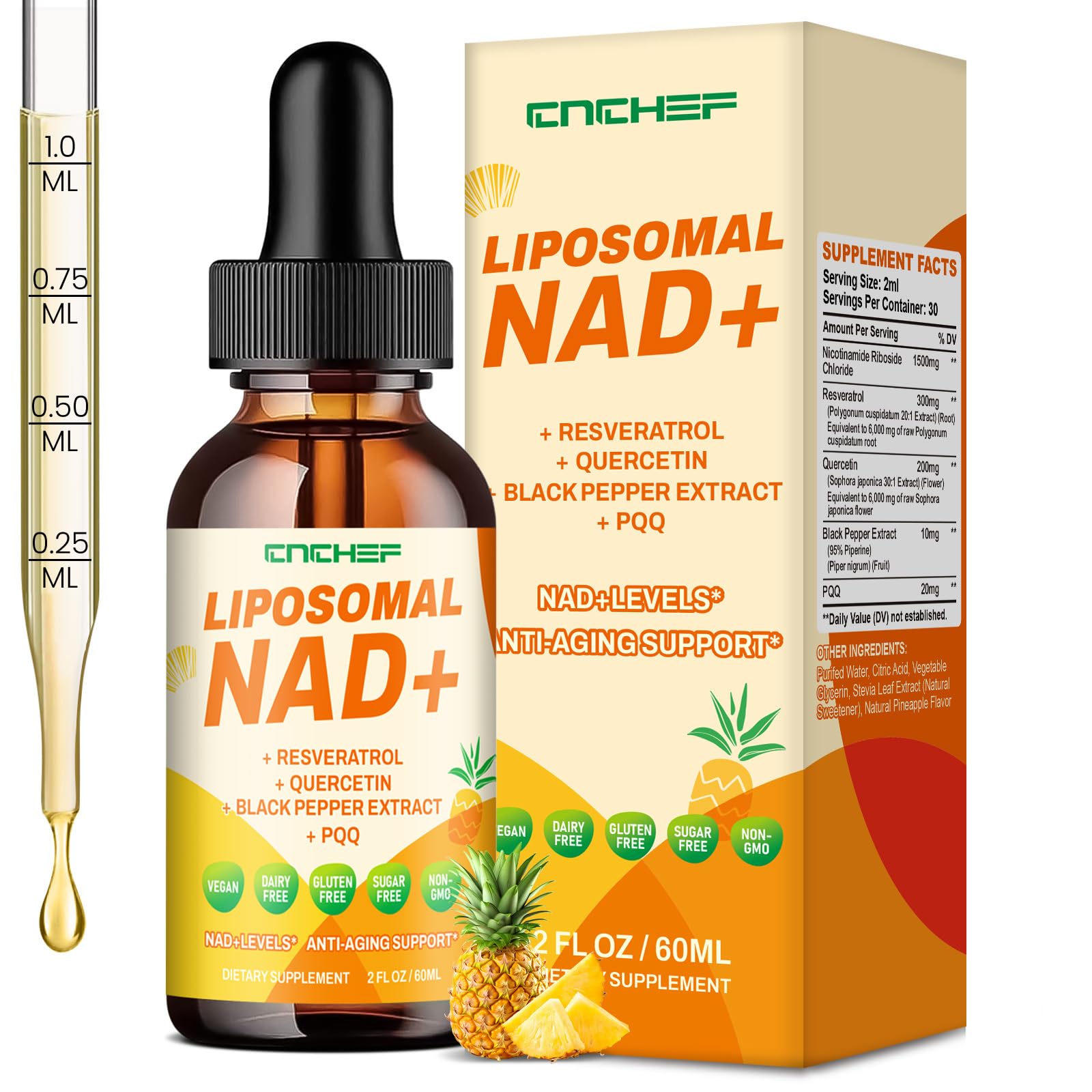 CNCHEF Liposomal NAD Supplement - 1500mg NAD+ Liquid Drop for Women & Men Nicotinamide Riboside Chloride & Resveratrol Complex - Cellular Renewal, Anti-Aging Support - 30 Servings (2 fl oz) CNCHEFAu supplements