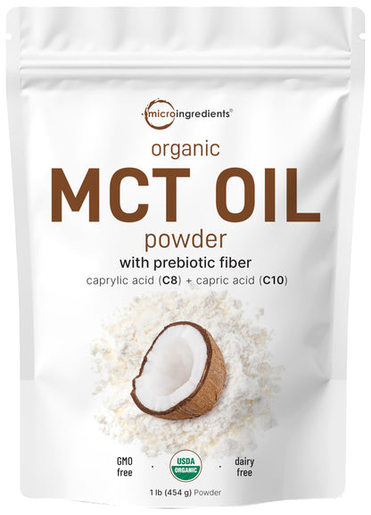 Organic MCT Oil Powder with Prebiotic Fiber,1 Pound(16 Ounce), Fast Fuel for Body and Brain Micro IngredientsUS supplements