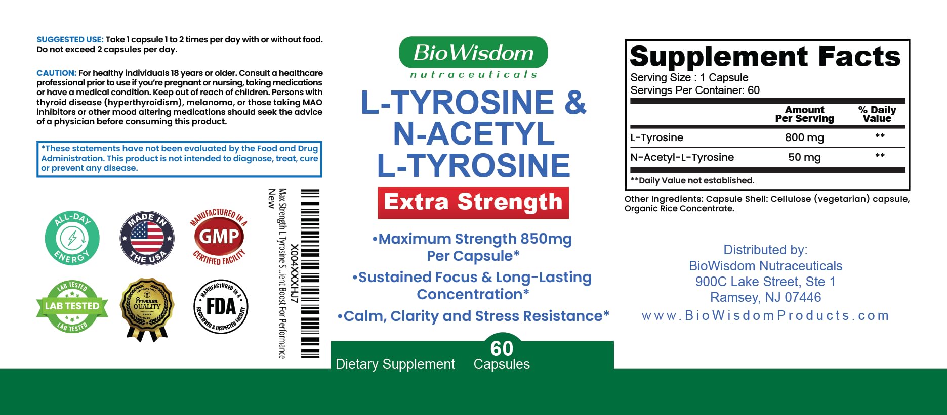 Max Strength L Tyrosine Supplement & N Acetyl L Tyrosine Peak Focus, Alertness, Concentration, Body & Mind Energy. L-Tyrosine 850mg Per 1 Capsule. A Well-Being Nutrient Boost For Performance BioWisdom NutraceuticalsAu supplements