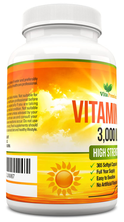 Vitamin D 3,000 IU, High Strength Vitamin D3 Supplement, 365 Easy to Swallow Softgels Vita PremiumUS supplements