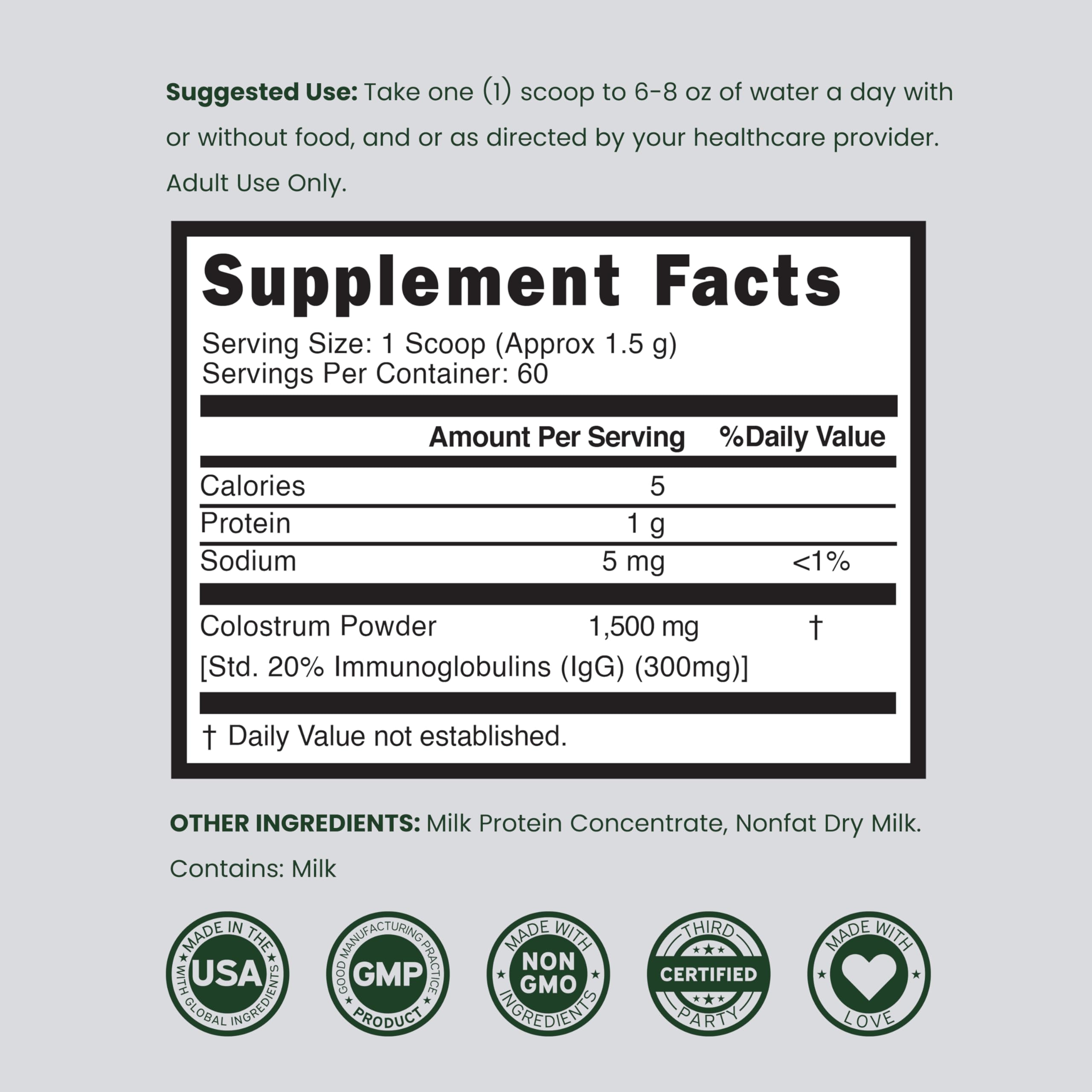 Colostrum Supplement Powder 90g (60 Servings of 1.5g Pure Bovine Colostrum Std. to Contain 20% IgG Immunoglobulins) Grass Fed Powder - No Fillers, Third Party Tested, Unflavored & Non-GMO DORADO NUTRITIONAu supplements