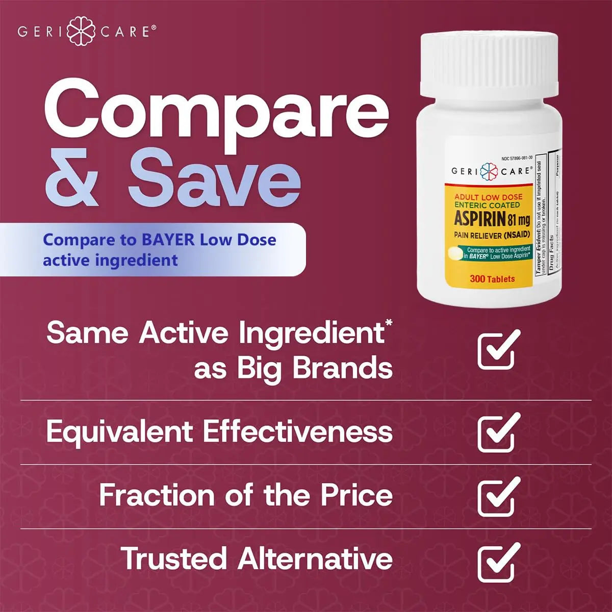 GeriCare Aspirin 81mg Adult Low Dose, Pain Reliever - Enteric Coated Tablets for Enhanced Absorption and Gentle Digestion – Supports Blood Flow, Reduces Inflammation, 300 Count (Pack of 1) GeriCareAu supplements