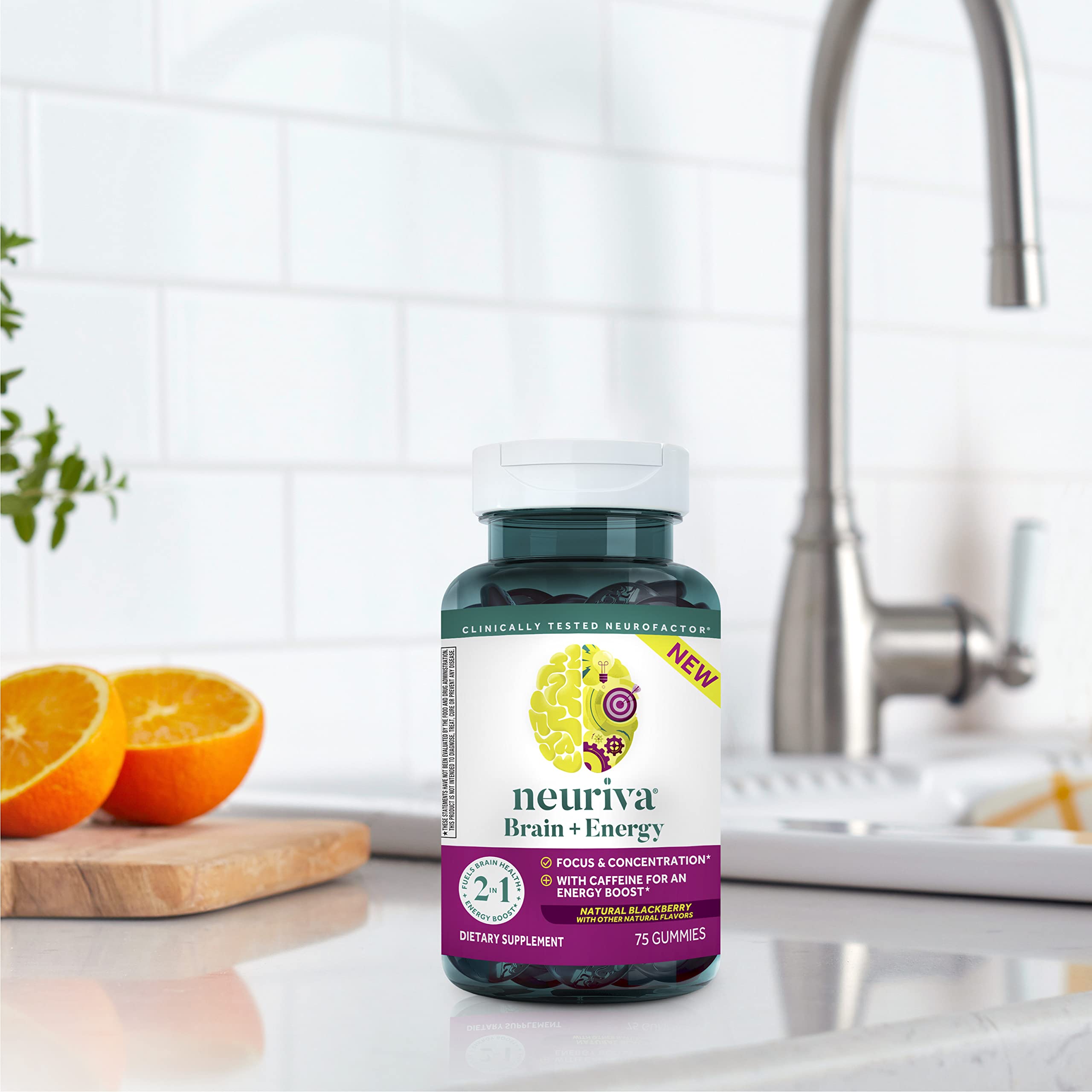 NEURIVA Brain + Energy Gummies, Nootropic Brain Supplements for Focus and Concentration with Neurofactor, Vitamin B12 & Caffeine for an Energy Boost*, 75ct Natural BlackBerry NEURIVAAu supplements